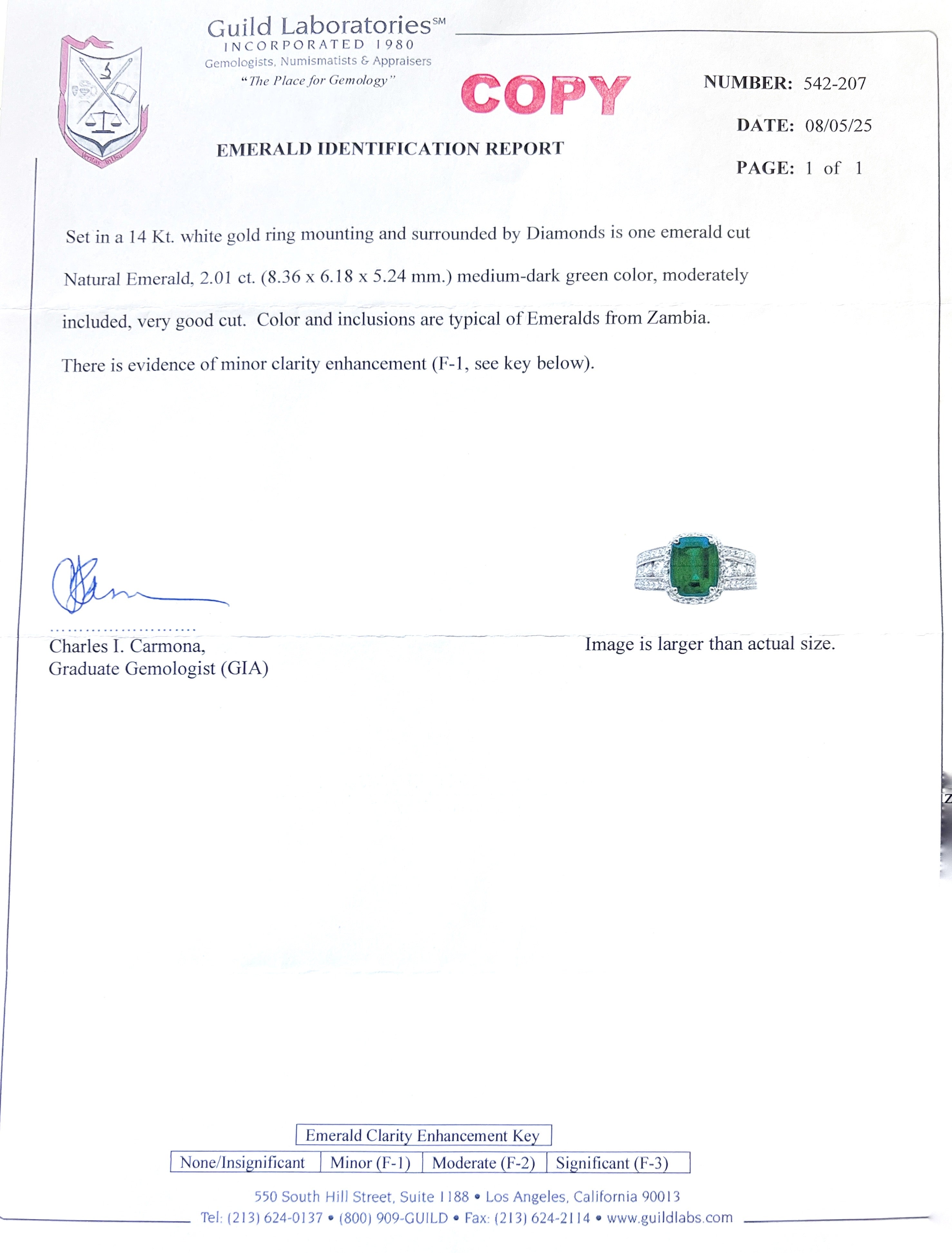 2.01 Carats Emerald Zambian F1 (Certified) & 2.01 Carats Diamond VS2 Set In 14 Karat White Gold Ring
