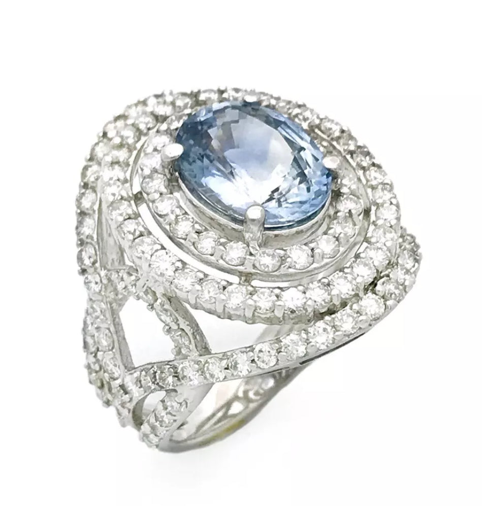 3.86Cts Sapphire Unheated(Lite Violetish-Blue) 2.65Cts Diamond 14K White Gold Ring