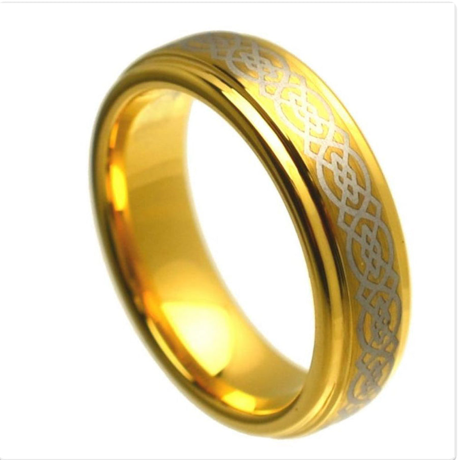 Gold Tungsten Carbide 6mm ion Plating Flat Laser Engraved Silver Celtic Knot-Work Finished hi-Polished Stepped Edge Ring