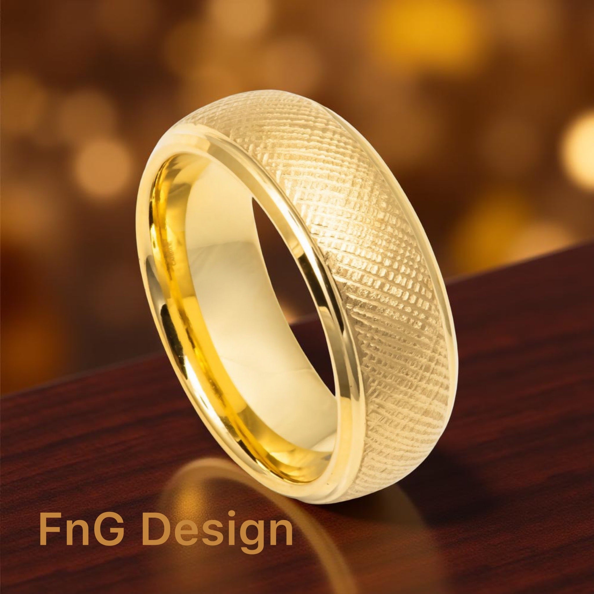 Gold Tungsten Carbide 8mm ion Plating Domed Cosshatch Brushed Finished Hi-Polished Stepped Edge