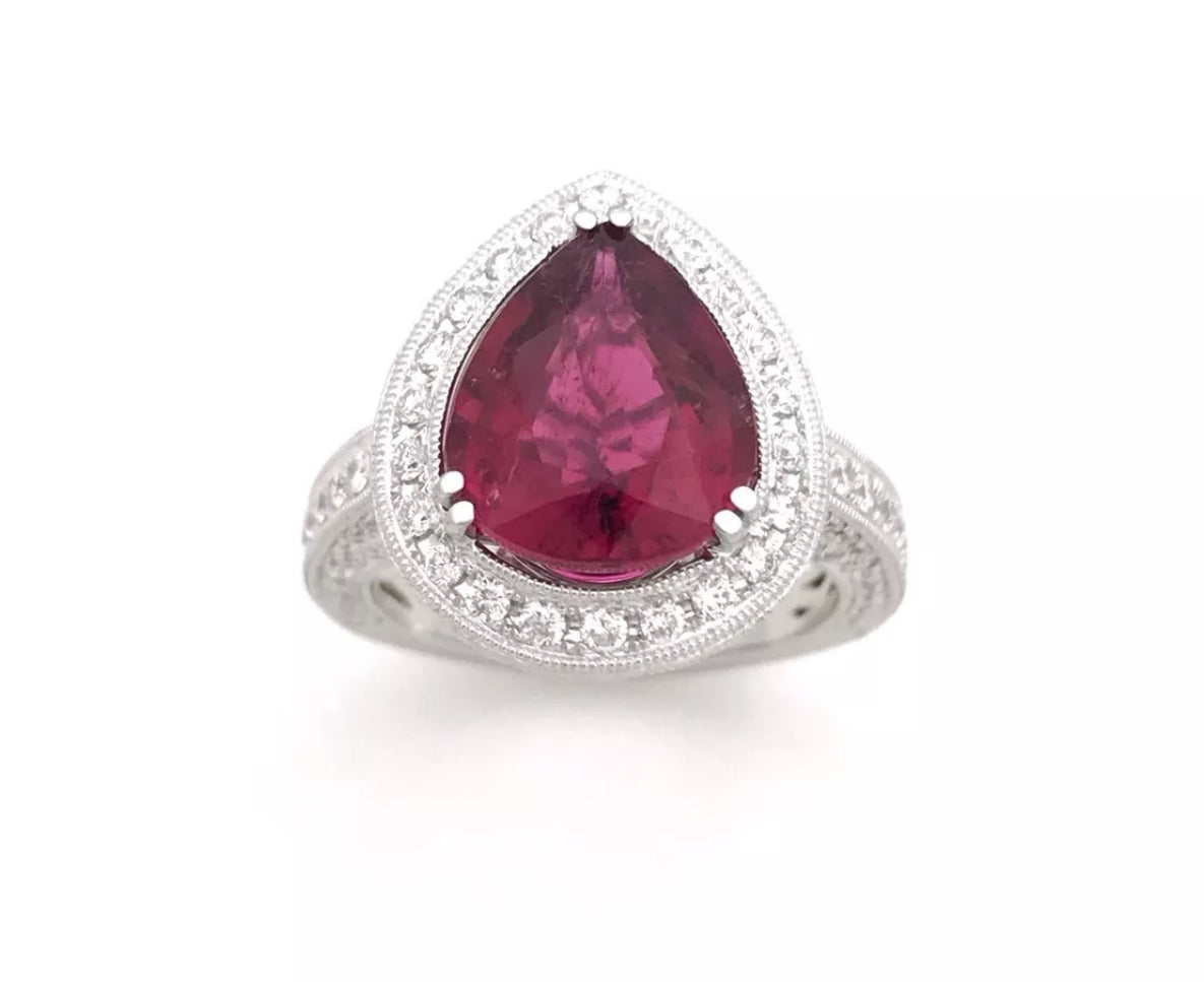 3.88Cts Rubellite Tourmaline (Certified) W/ 2.10Cts Diamonds 18K White Gold Ring