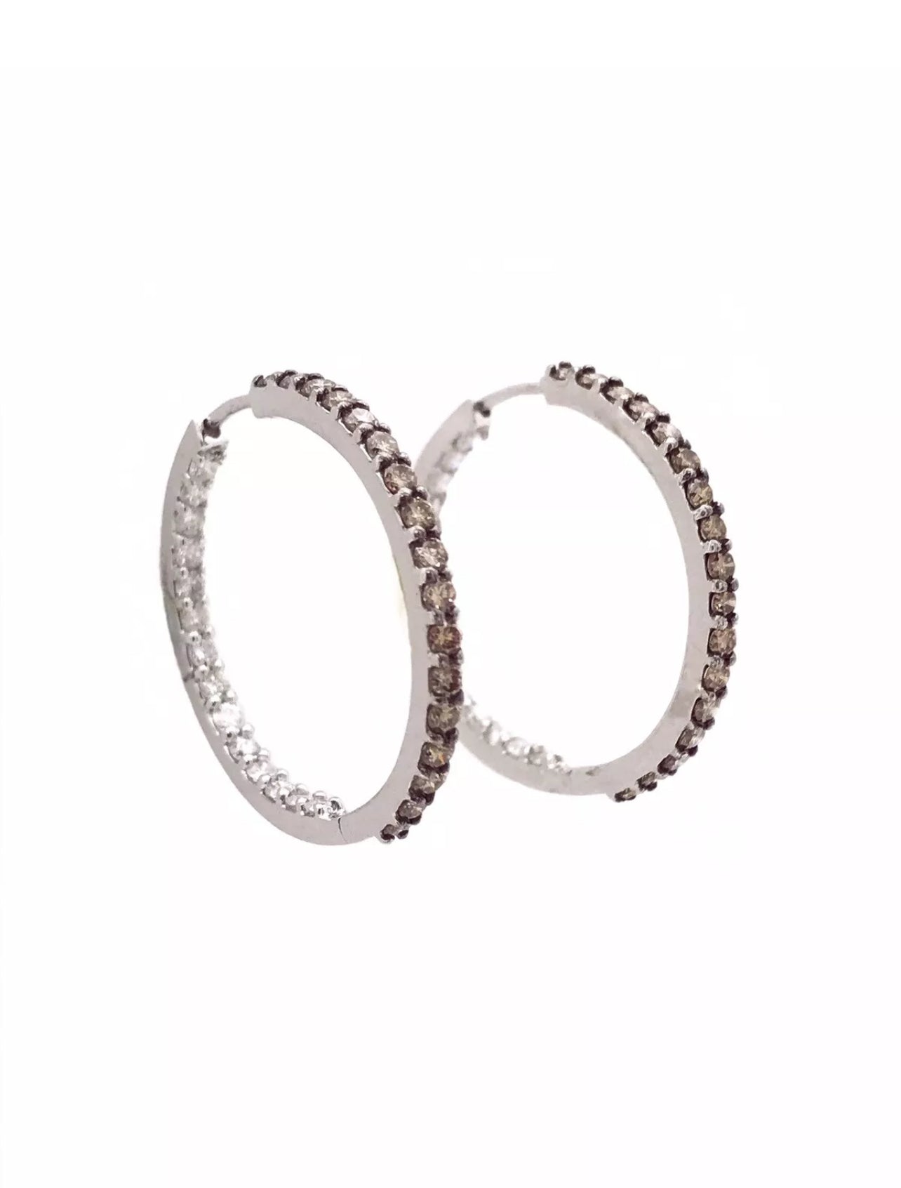 2.07 Total Carat Weight Diamonds Wht-Choc (IN-Out)14K White Gold Hoop Earrings