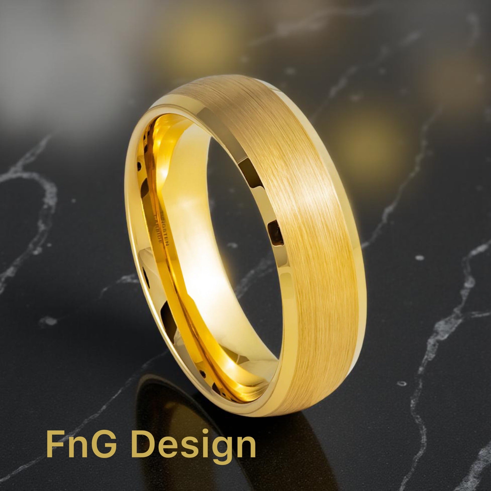 Gold Tungsten Carbide 6mm ion Plating Domed Brushed hi-Polished Bevel Ring