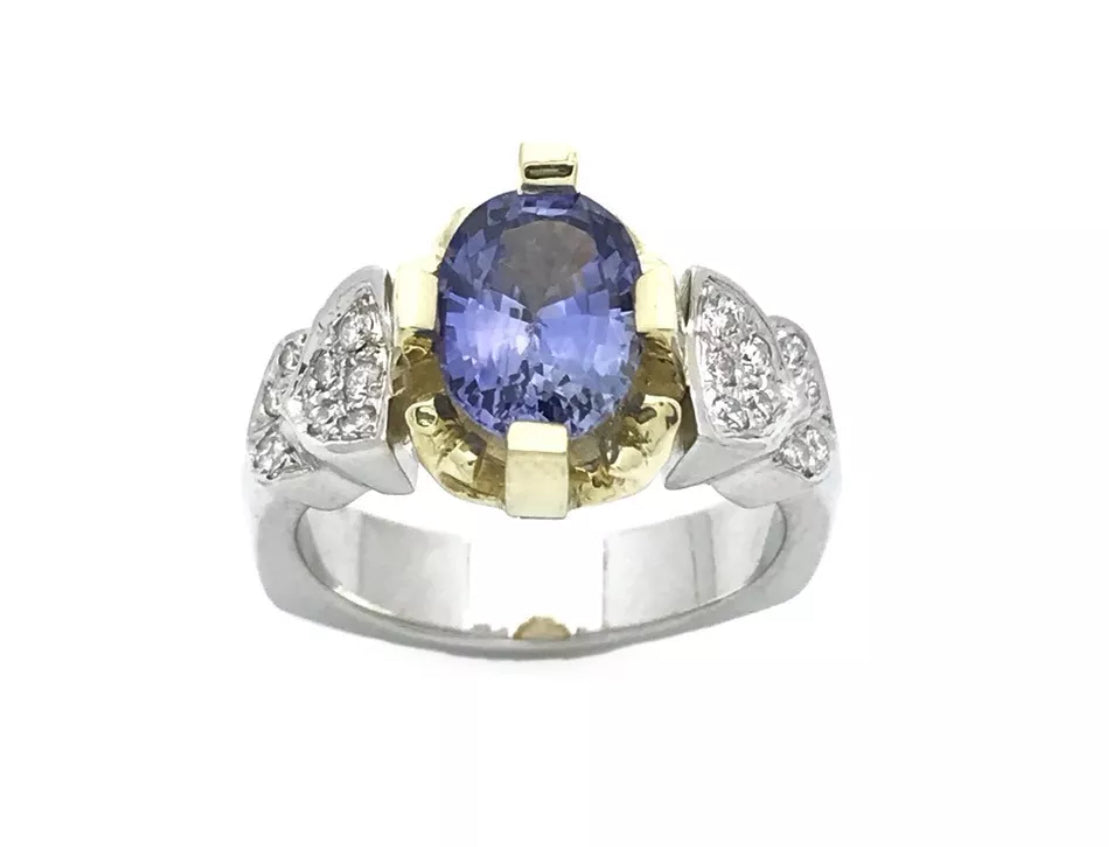 2.46 Cts Bluish-Violet Ceylon Sapphire Unheat Cert W/ Dia 18K Wht-Yel Gold Ring