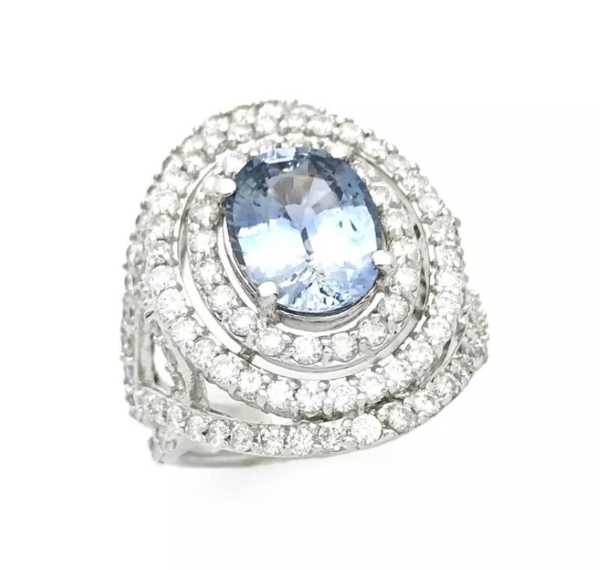 3.86Cts Sapphire Unheated(Lite Violetish-Blue) 2.65Cts Diamond 14K White Gold Ring
