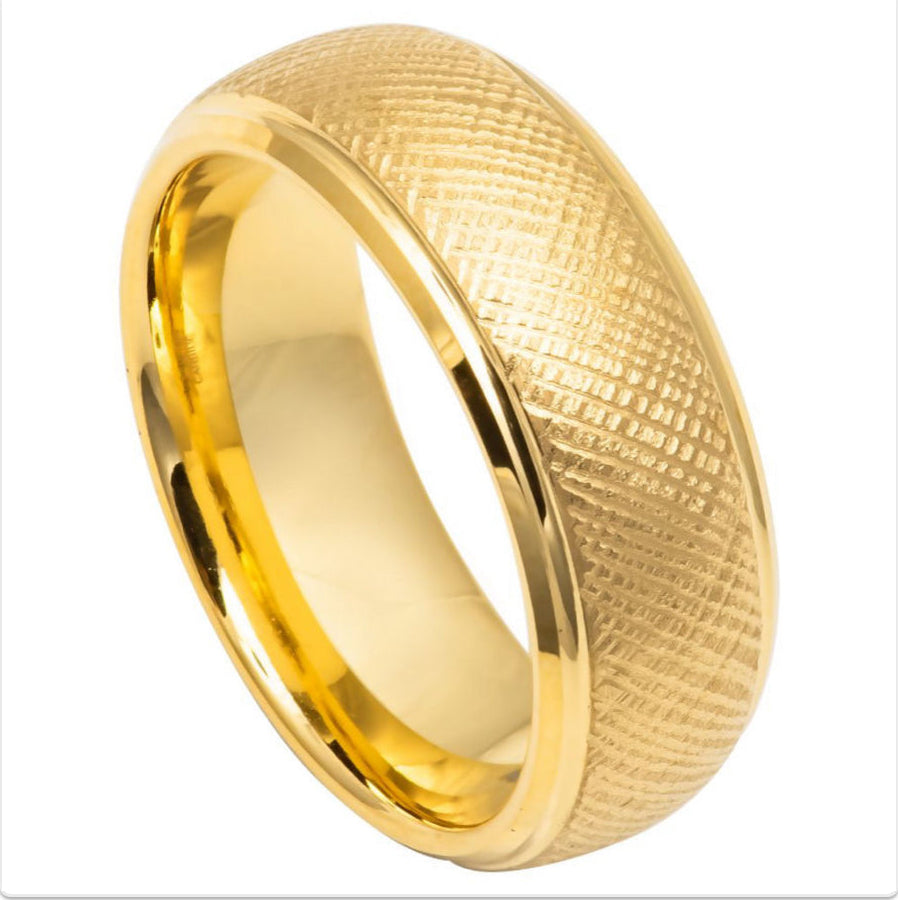 Gold Tungsten Carbide 8mm ion Plating Domed Cosshatch Brushed Finished Hi-Polished Stepped Edge