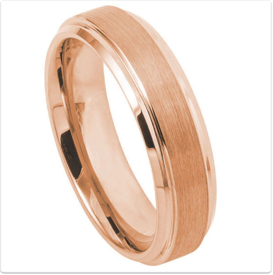 Rose Gold Tungsten Carbide 6mm ion Plating Flat Brushed Center & hi-Polished Step Cut Edge Ring