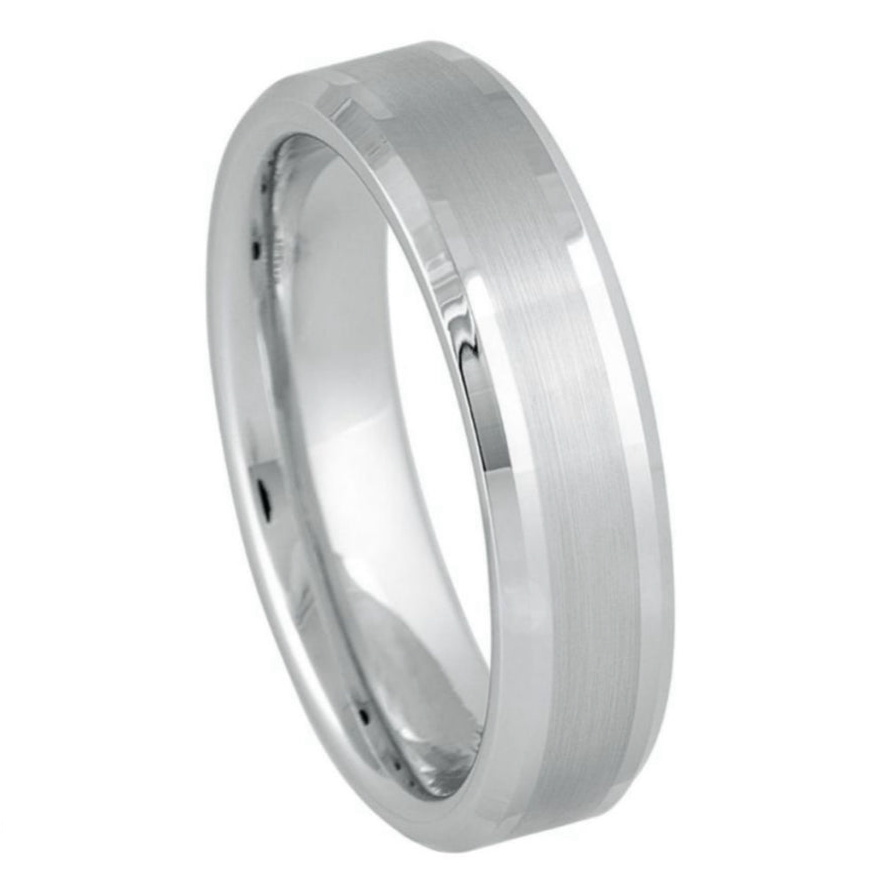 White Tungsten Carbide 6mm ion Plating Flat Beveled hi-Polished Center Brushed Finish Ring