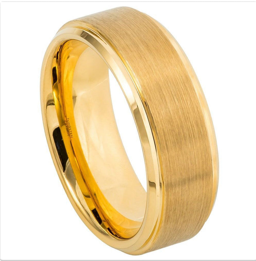 Gold Tungsten Carbide 8mm ion Plating Flat Brushed Stepped Edge Ring