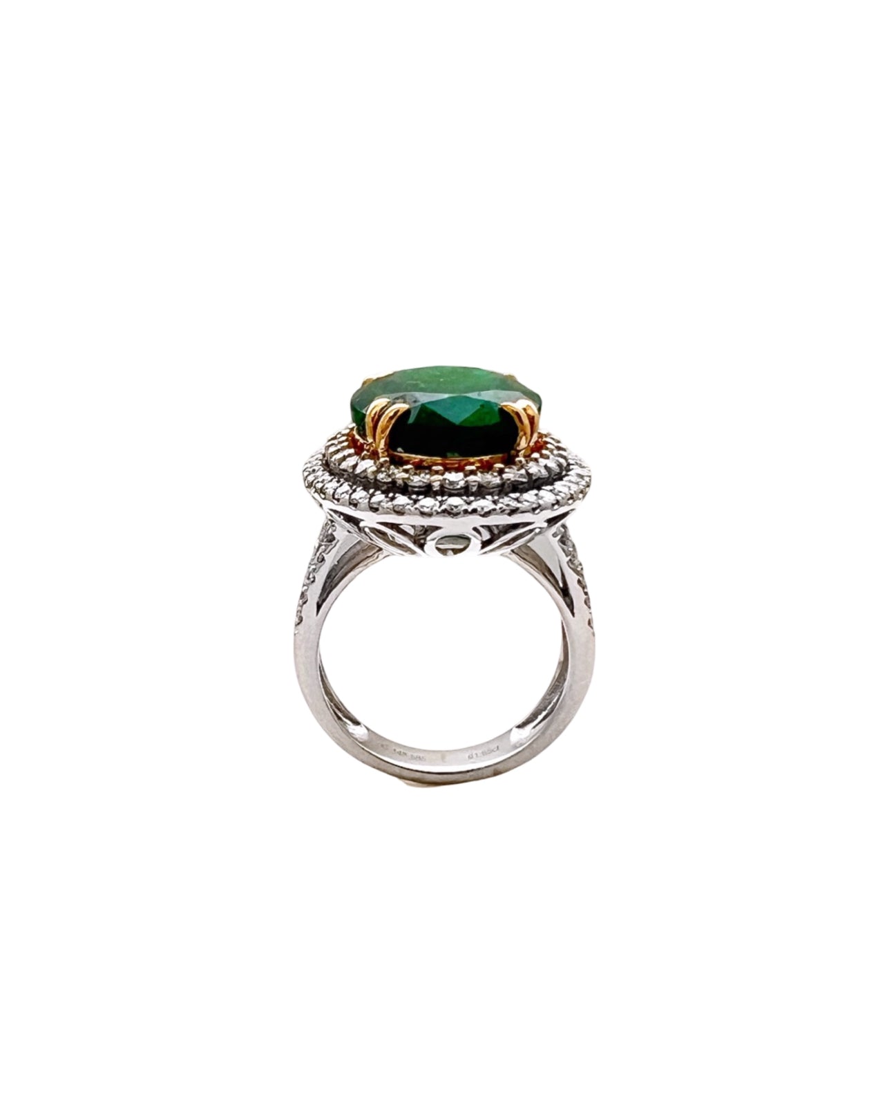 10.21 Carats Brazilian Emerald F2 (Certified) & 2.03 Carats Diamonds Double Halo Ring – 14K White & Yellow Gold Ring