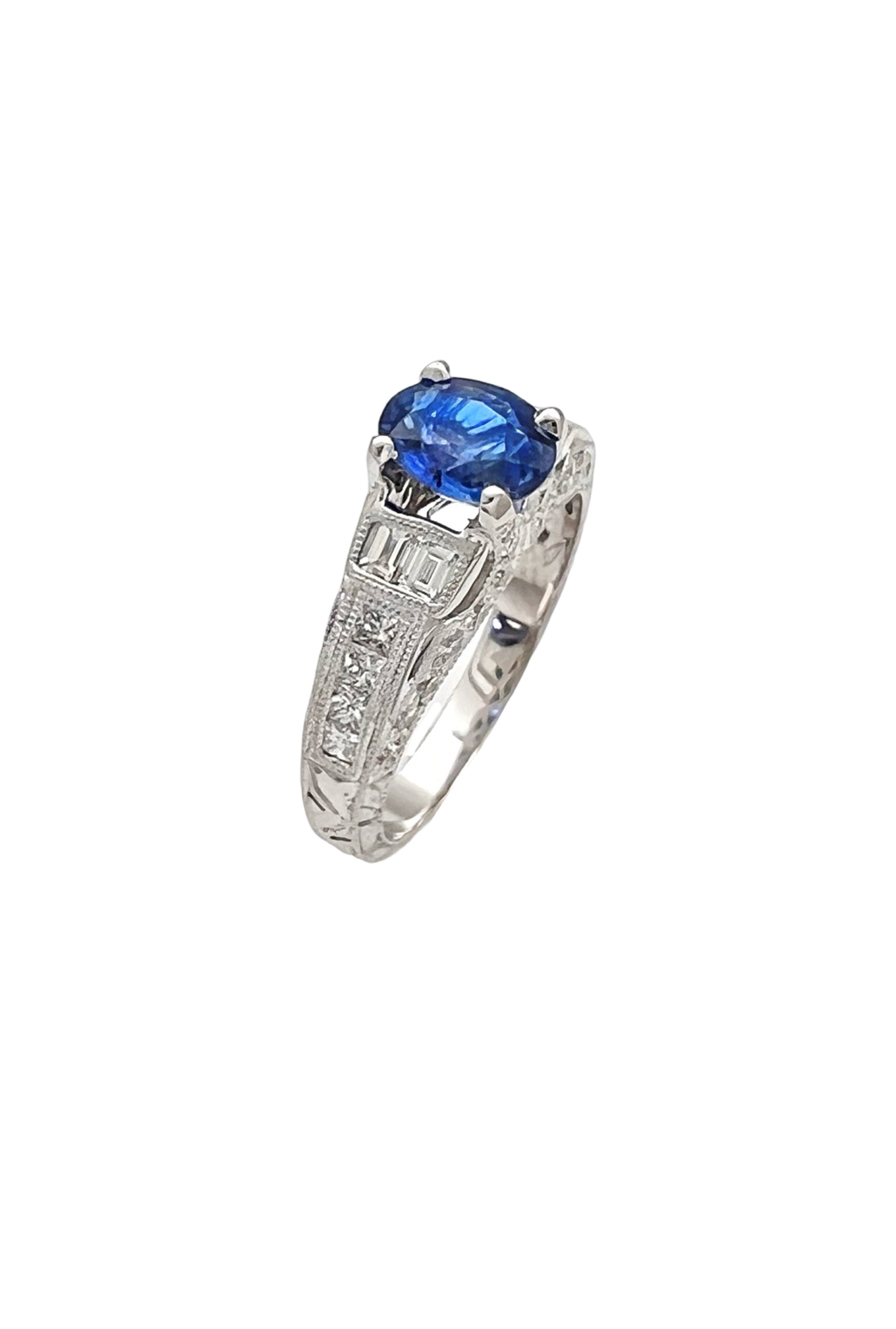 1.141Cts Medium-Dark Blue Sapphire Cert. W/1.02Cts Diamond 14K White Gold Ring