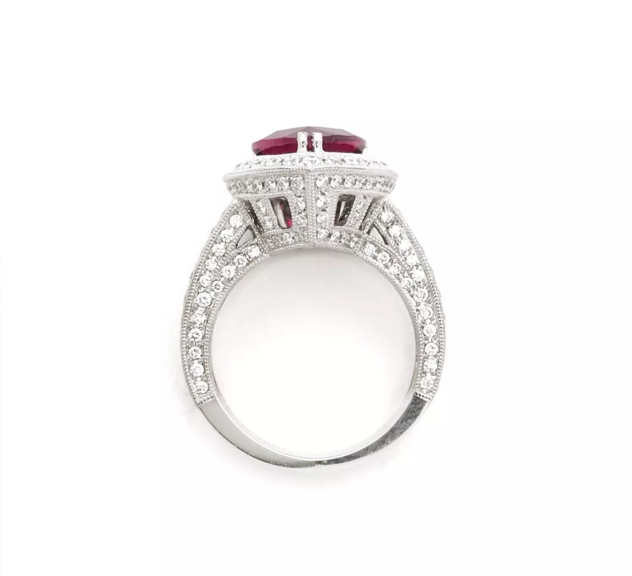 3.88Cts Rubellite Tourmaline (Certified) W/ 2.10Cts Diamonds 18K White Gold Ring