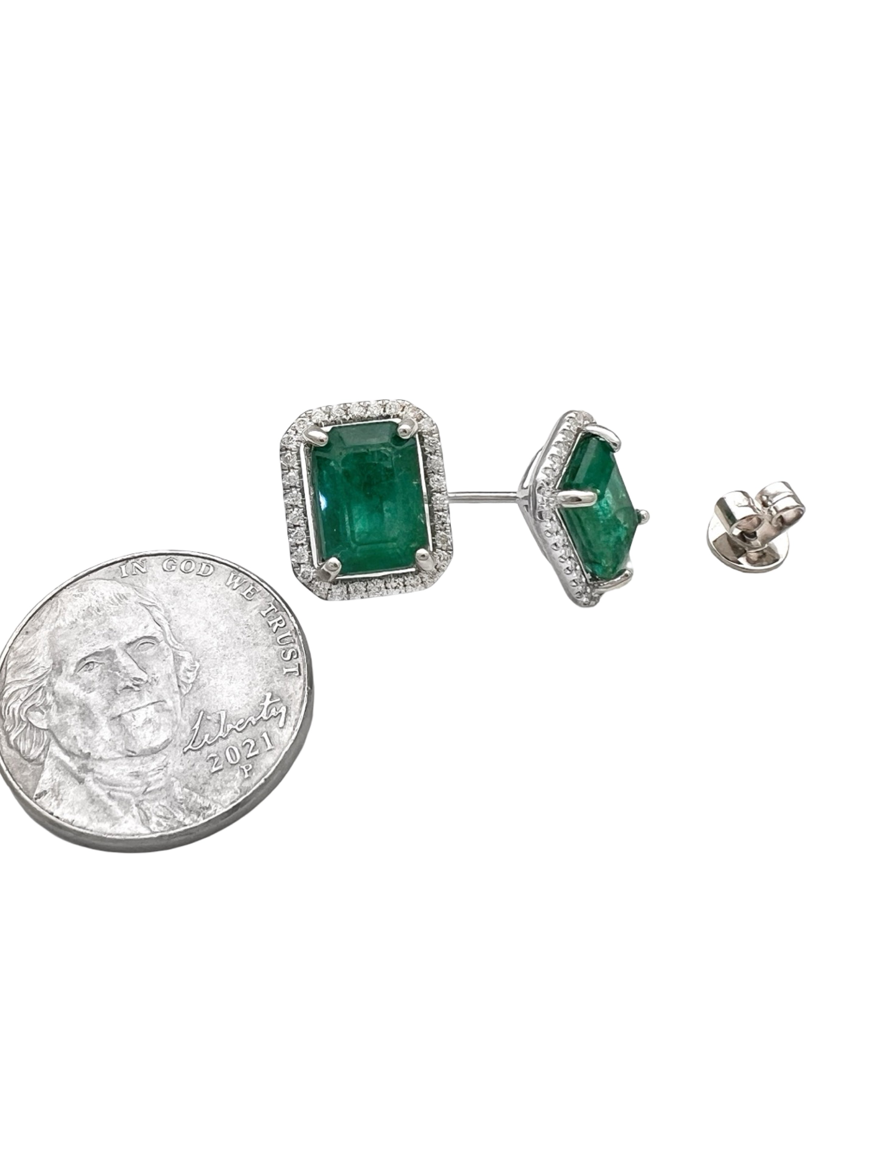 4.47 Carats Brazilian Emeralds F2 (Certified) & 0.42 Carats Diamonds Set 14k White Gold Earrings