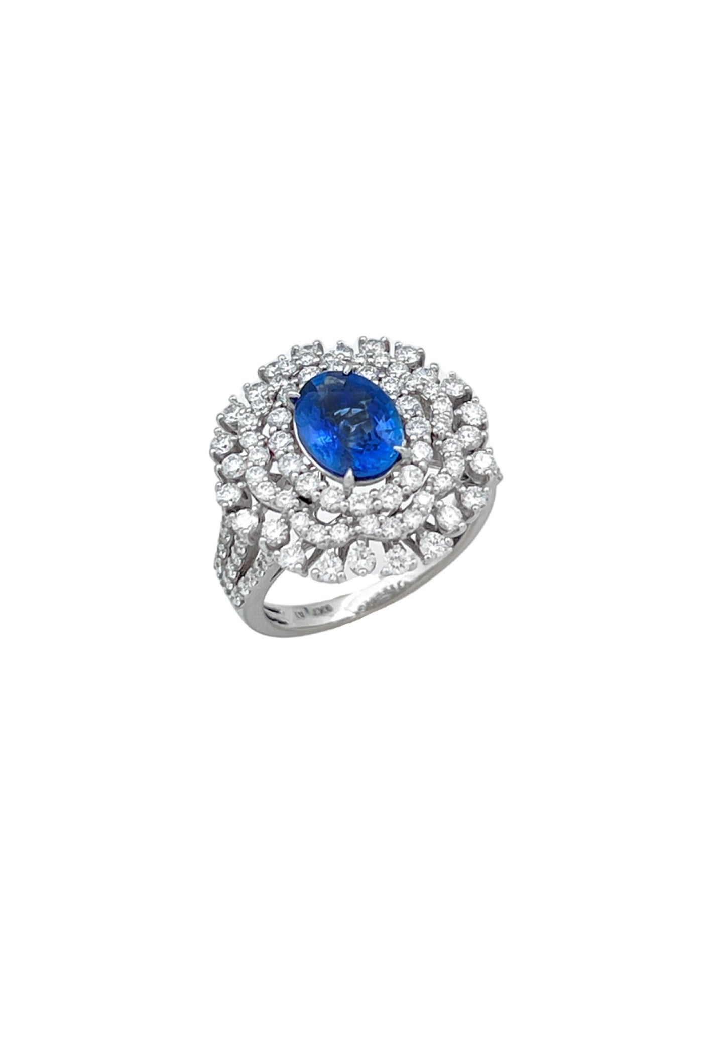 1.710Cts Sapphire Ceylon Certified (Med Dark Blue) 1.58Cts Diamonds 14K White Gold Ring