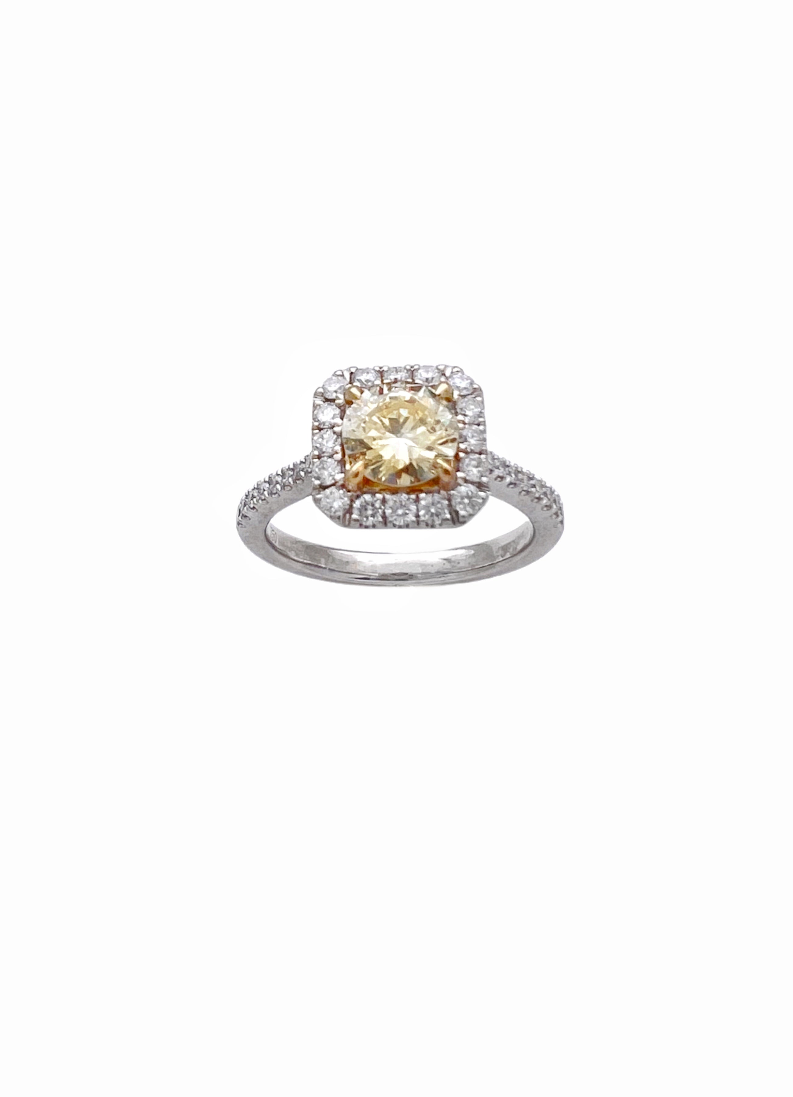 0.81 Carats Natural Diamond Light Yellow (Center Stone) SI1 Certified W/ 0.62 Carats Diamonds 18Kt White & Yellow Gold Ring