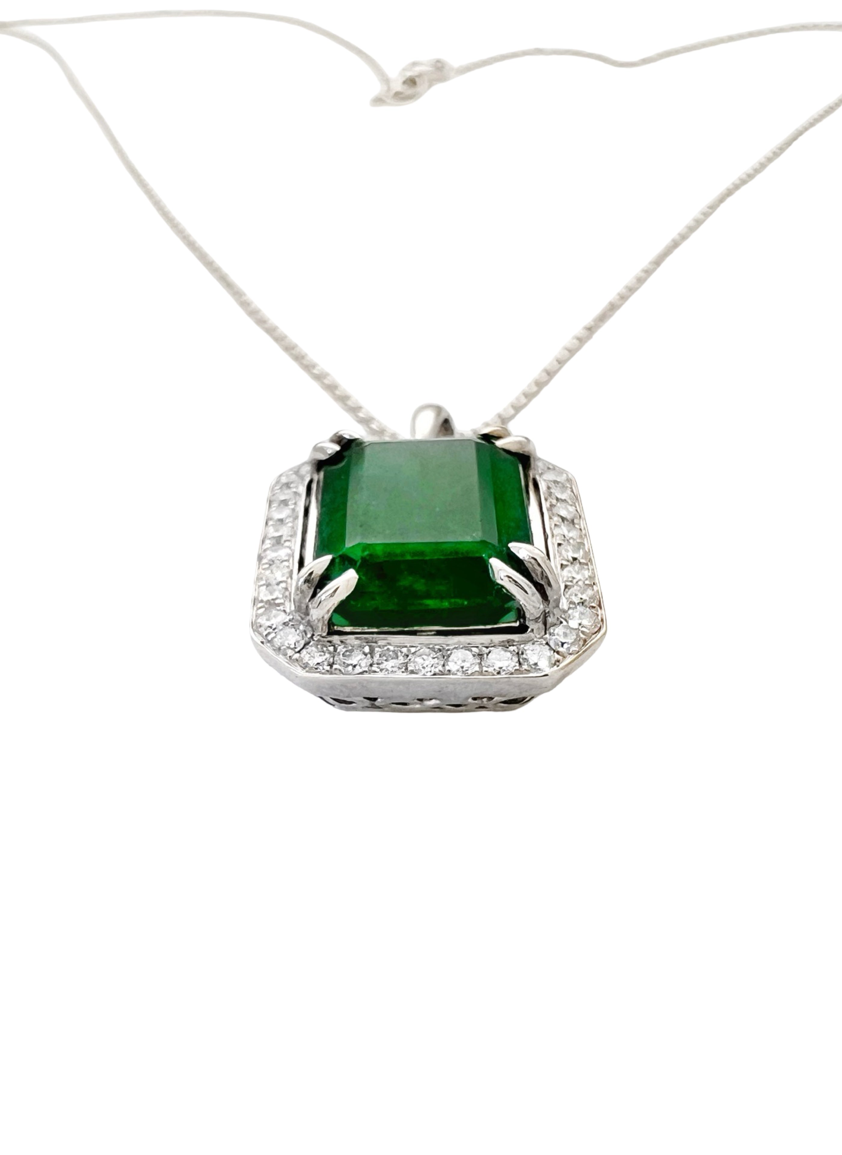 6.05 Carats Brazilian Emerald No-Oil (Certified) & 0.55 Carats Diamonds VS2 Set In 14 Karat White Gold Pendant Includes 14 Karat Chain 18 Inches