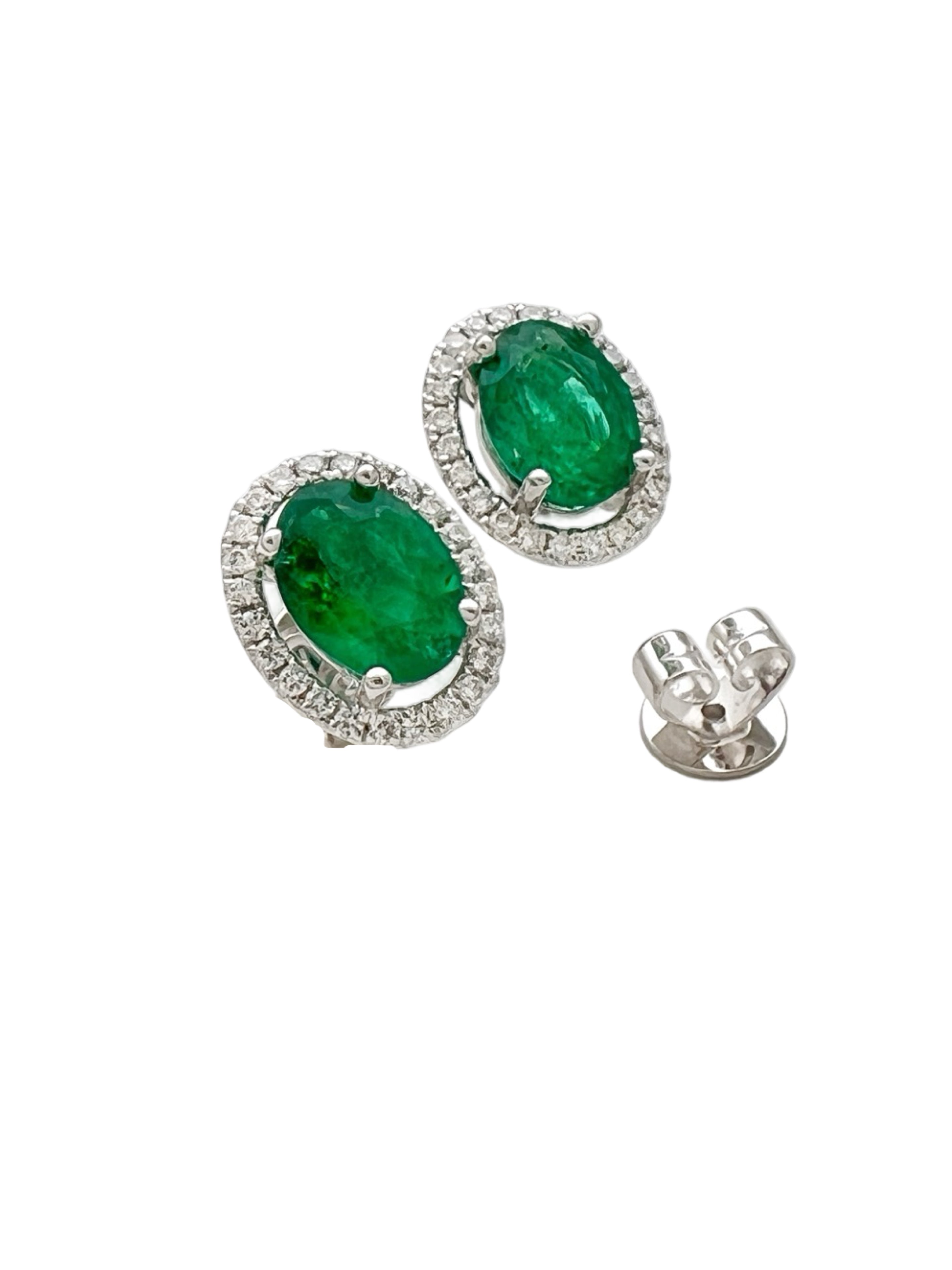 1.88 Carats Brazilian Emeralds F2 (Certified) & 0.48 Carats Diamonds Set In 18 Karat White Gold Earrings