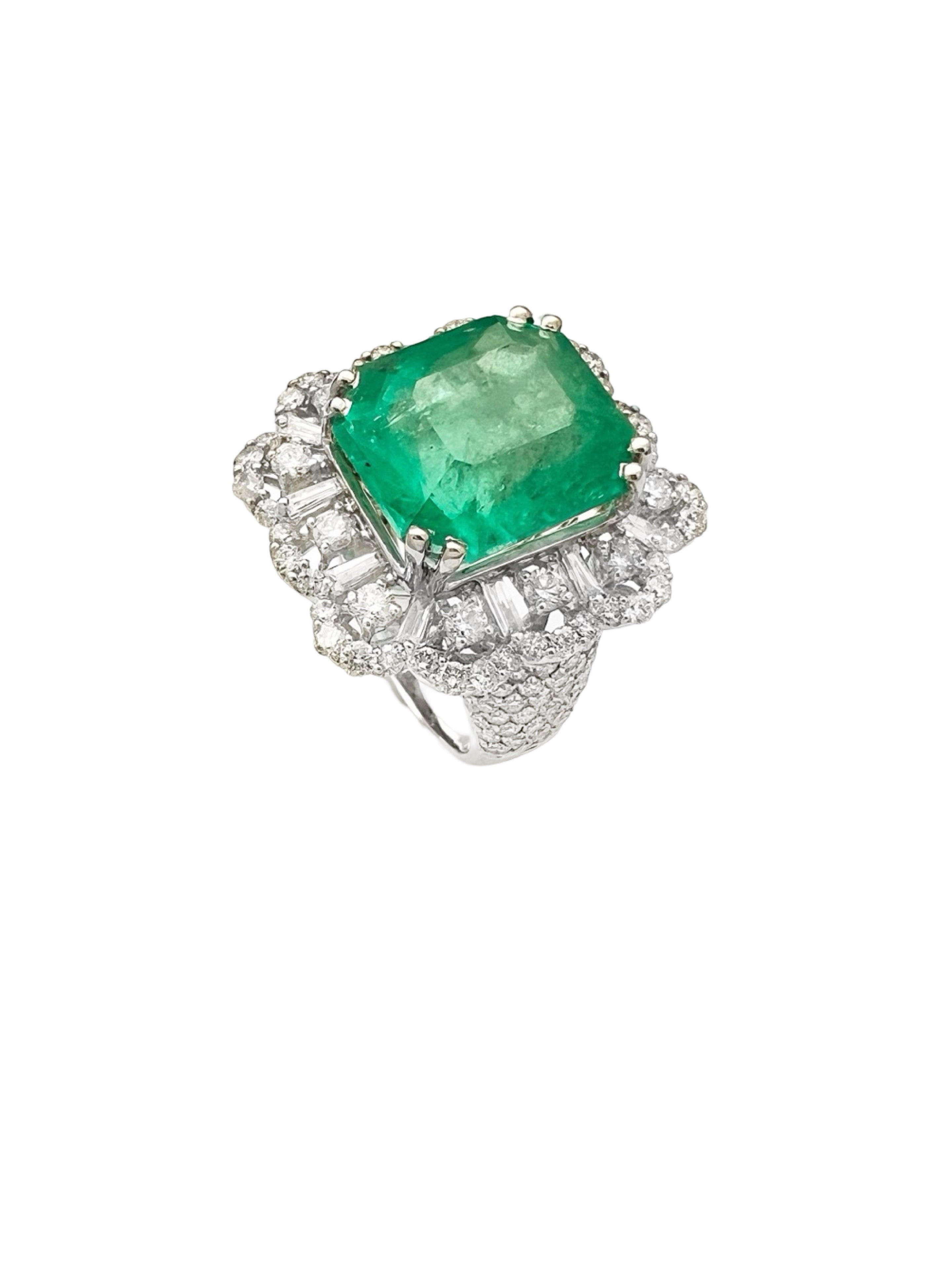 9.76Cts Colombian Emerald F1 (Certified) & 2.61Cts Diamonds VS2 Set 18Kt White Gold Ring