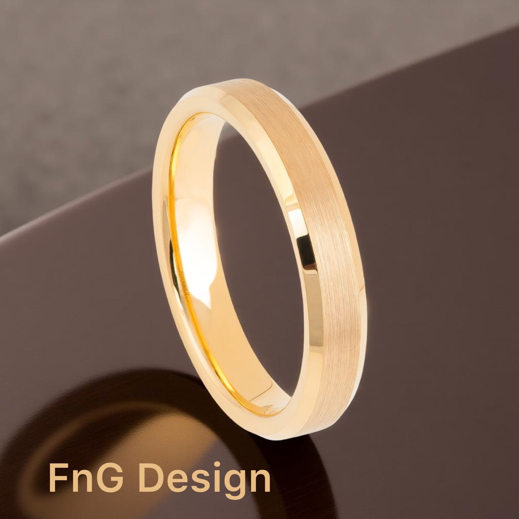Gold Tungsten Carbide 4mm ion Plating Flat Brushed hi-Polished Bevel Ring