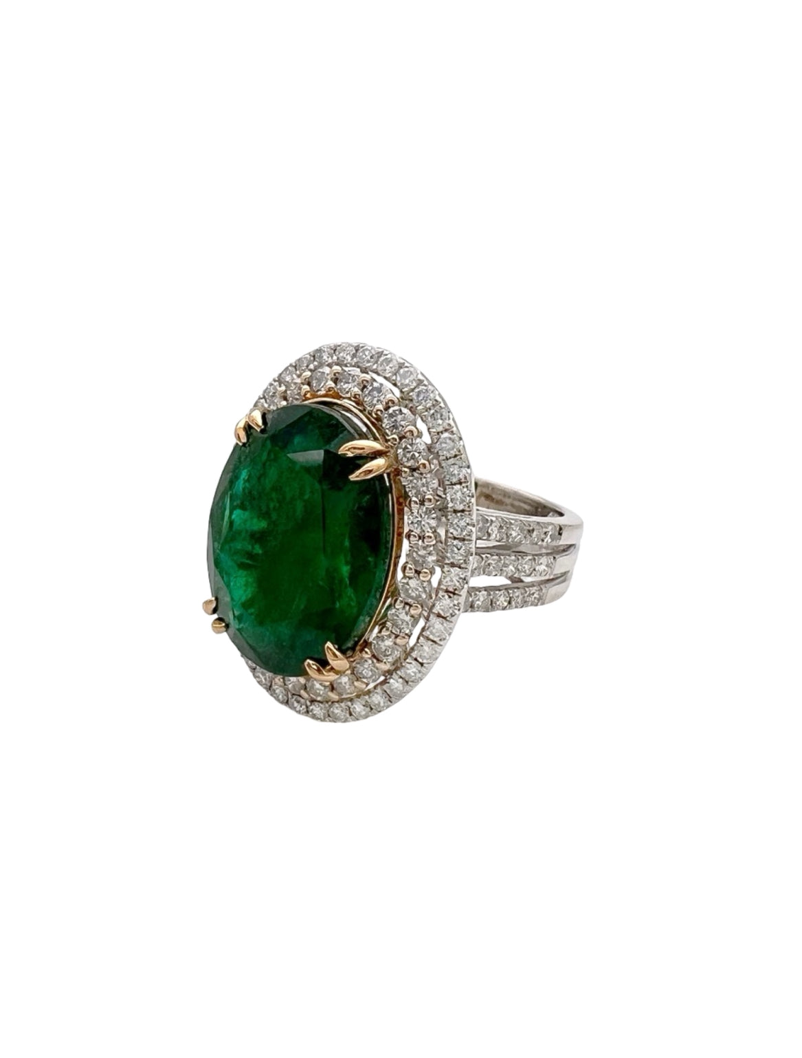 10.21 Carats Brazilian Emerald F2 (Certified) & 2.03 Carats Diamonds Double Halo Ring – 14K White & Yellow Gold Ring