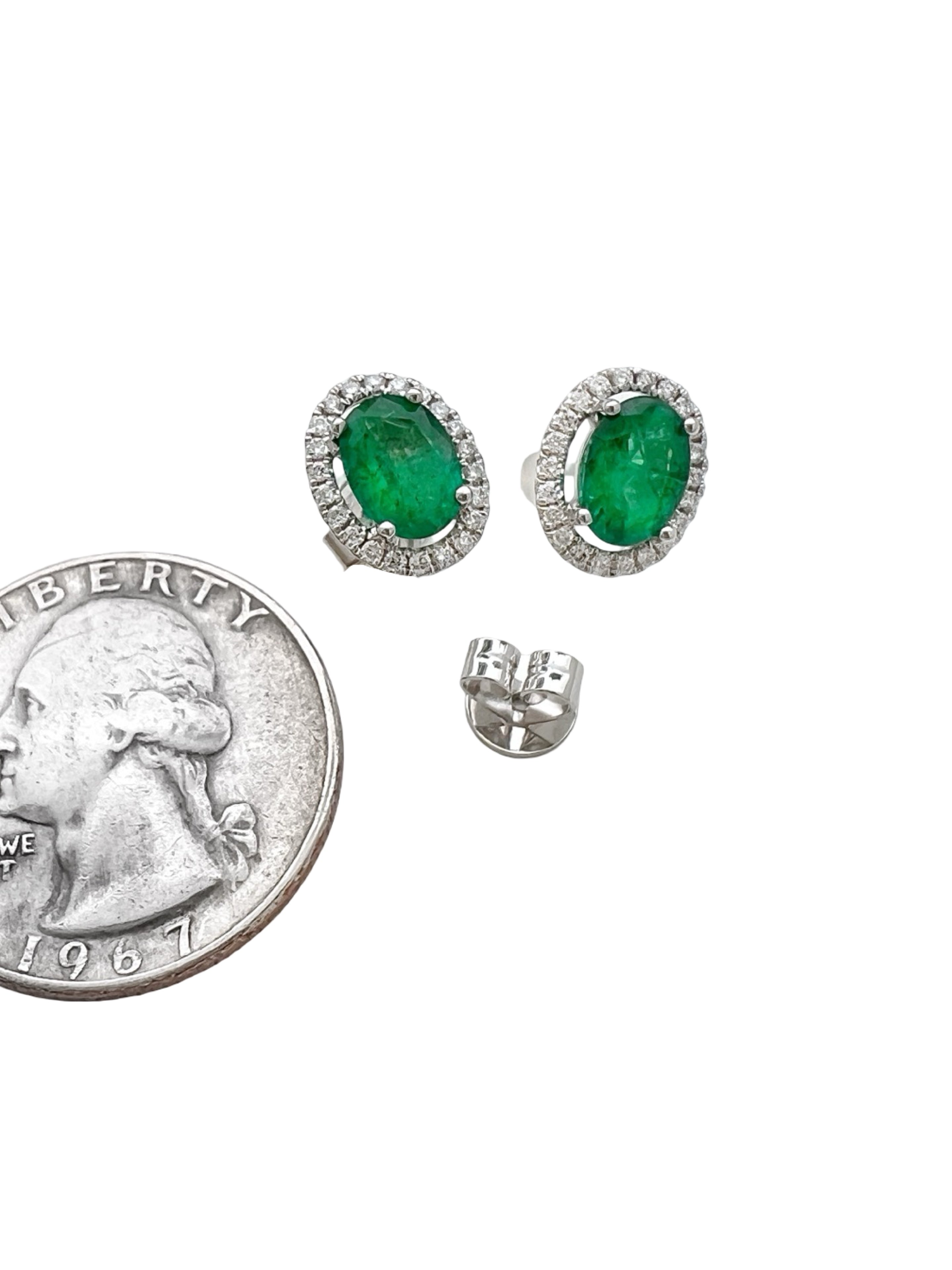 1.33 Carats Brazilian Emeralds “No Oil” ( Certified) & 0.38 Carats Diamonds VS2 Set In 28 Karat White Gold Earrings