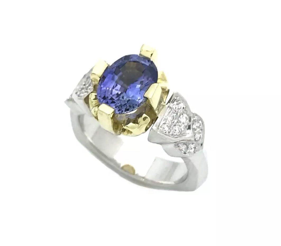 2.46 Cts Bluish-Violet Ceylon Sapphire Unheat Cert W/ Dia 18K Wht-Yel Gold Ring