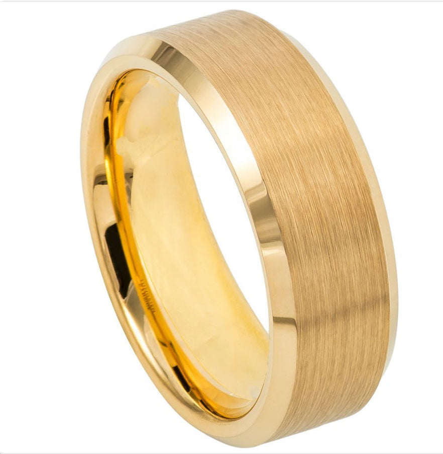 Gold Tungsten Carbide 8mm ion Plating Flat Brushed hi-Polished Bevel Ring