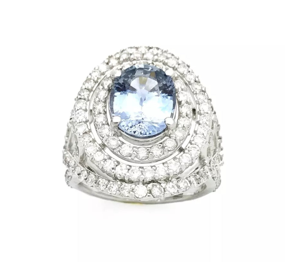 3.86Cts Sapphire Unheated(Lite Violetish-Blue) 2.65Cts Diamond 14K White Gold Ring