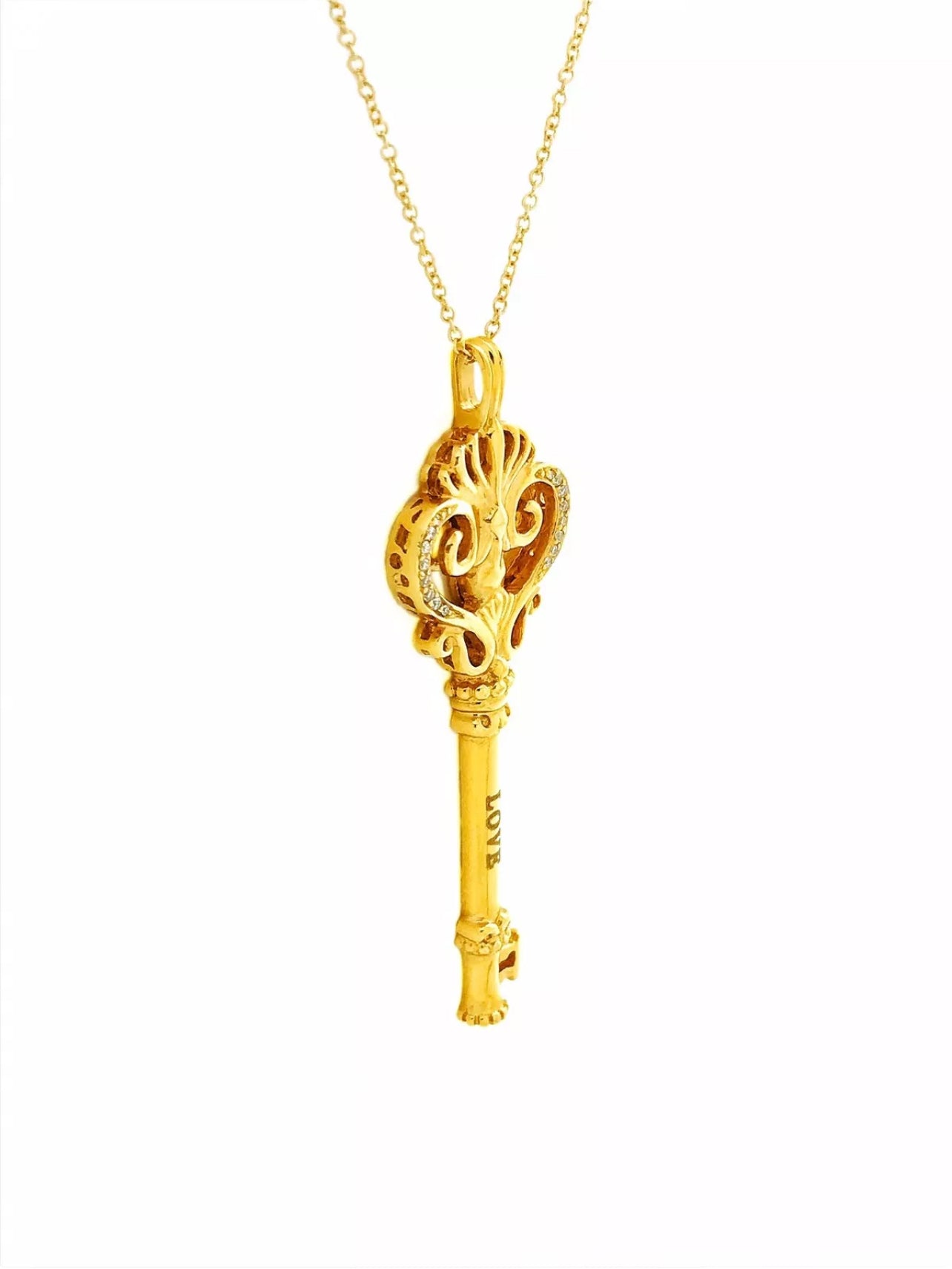 0.12 Carats Diamonds 14K Yellow Gold “Love” Key Pendant & Chain