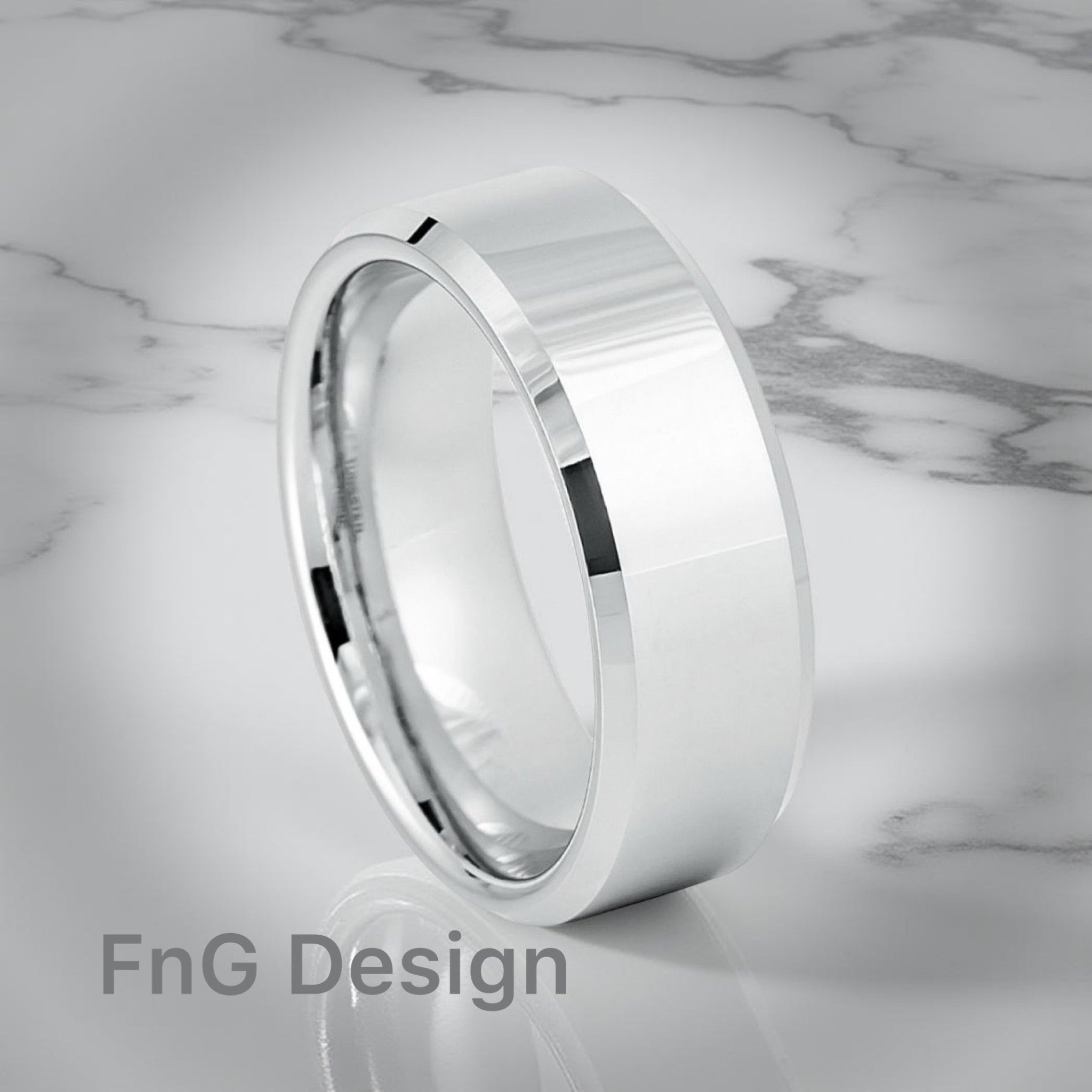 White Tungsten Carbide 8mm ion Plating Flat Beveled hi-Polished Finish Ring