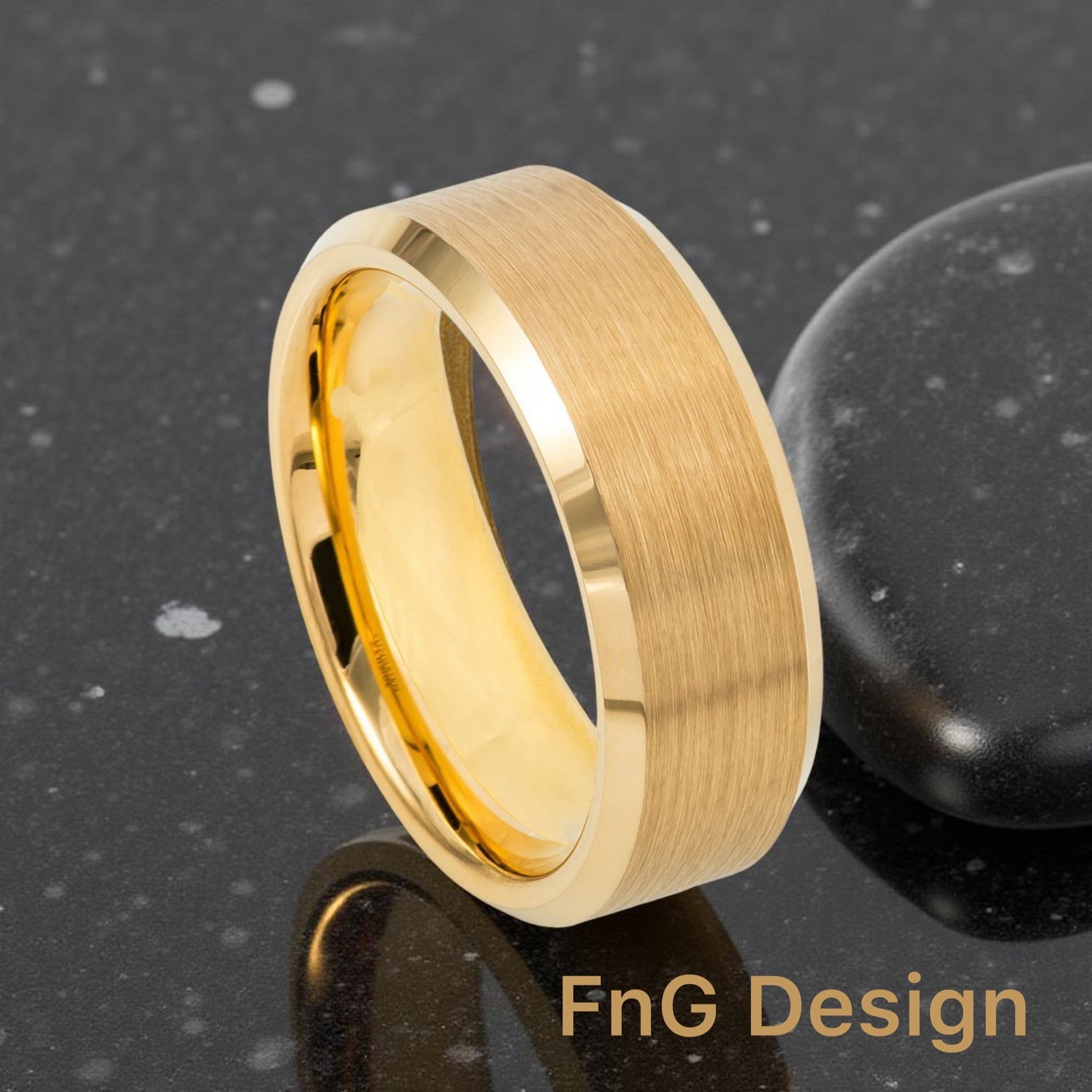 Gold Tungsten Carbide 8mm ion Plating Flat Brushed hi-Polished Bevel Ring