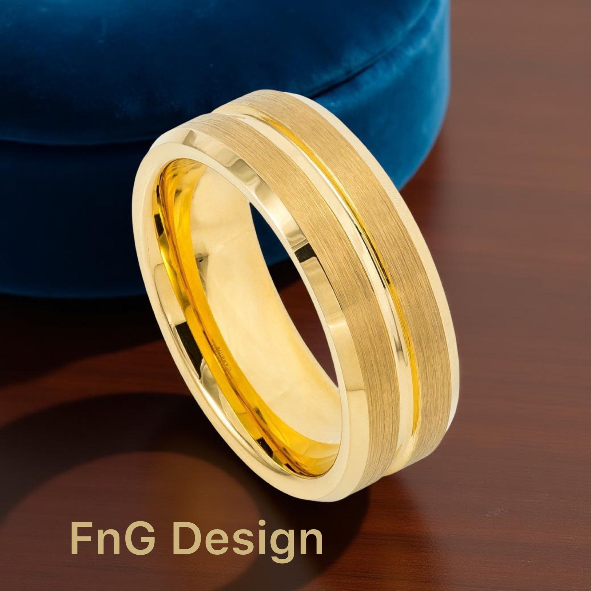 Gold Tungsten Carbide 8mm ion Plating Flat Brushed hi-Polished Groove & Bevel Edge Ring