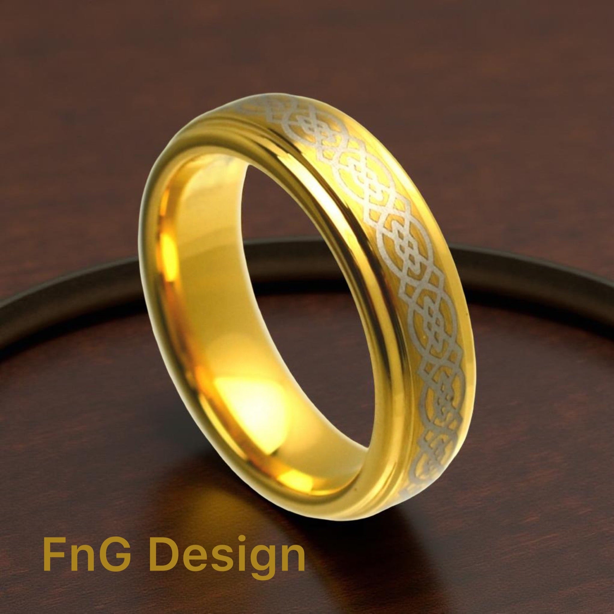 Gold Tungsten Carbide 6mm ion Plating Flat Laser Engraved Silver Celtic Knot-Work Finished hi-Polished Stepped Edge Ring
