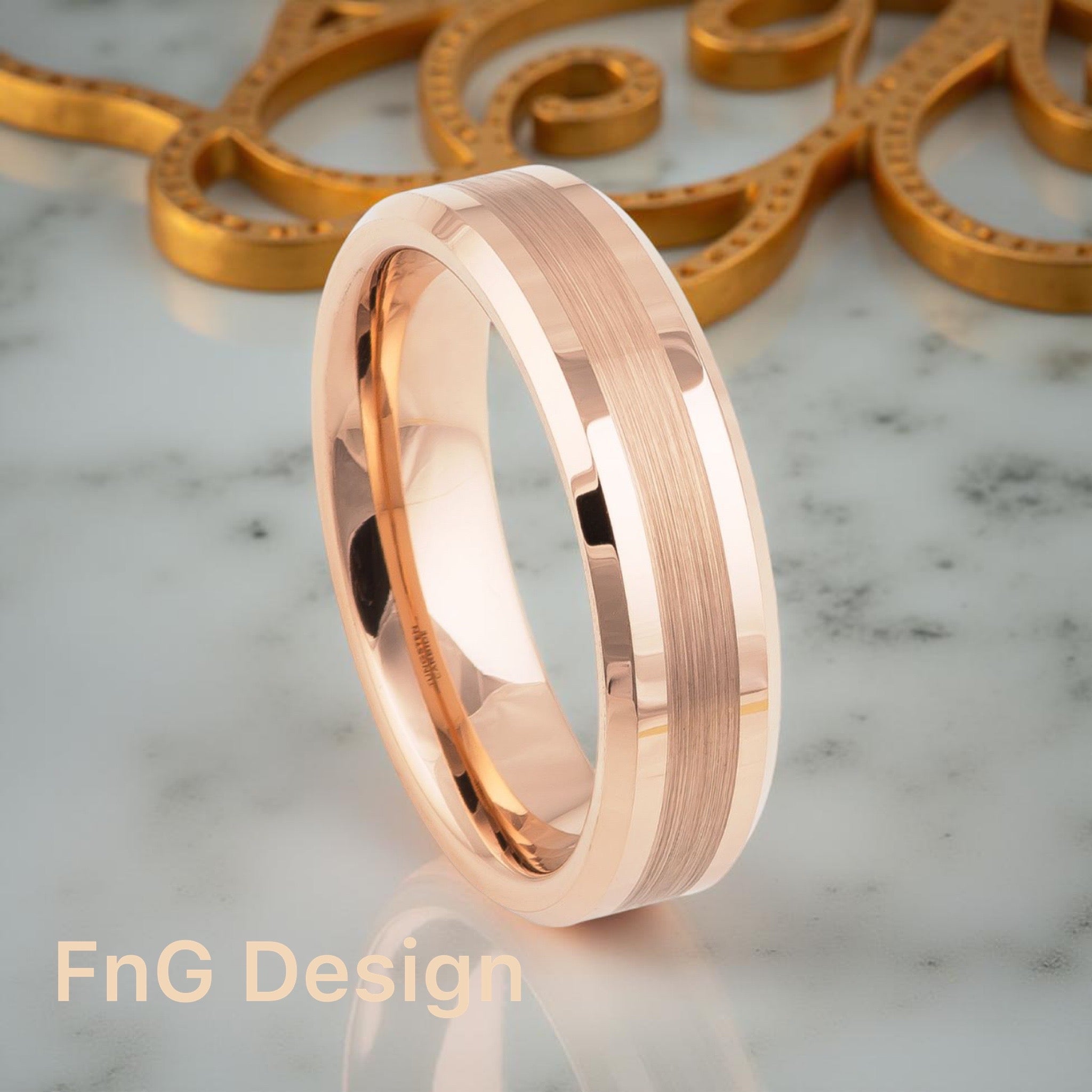 Rose Gold Tungsten Carbide 6mm ion Plating Flat Brushed Center hi-Polished Pipe Beveled Edge Ring