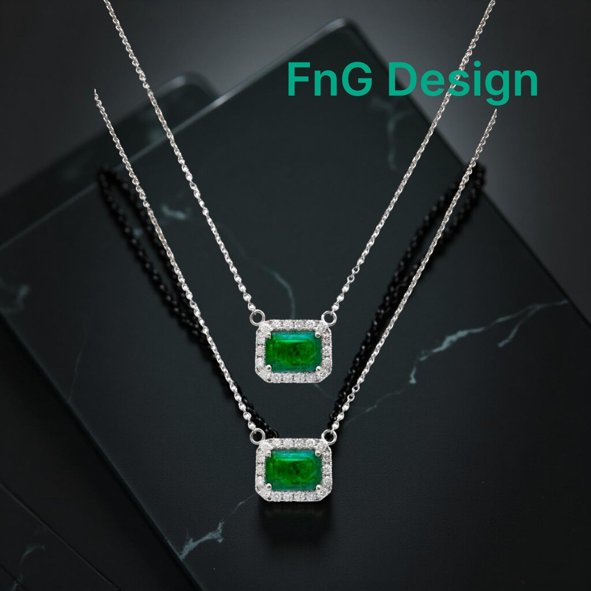 0.82 Cts Emerald F2 Brazilian Cert. & 0.31 Cts Diamond Necklace 14K White Gold