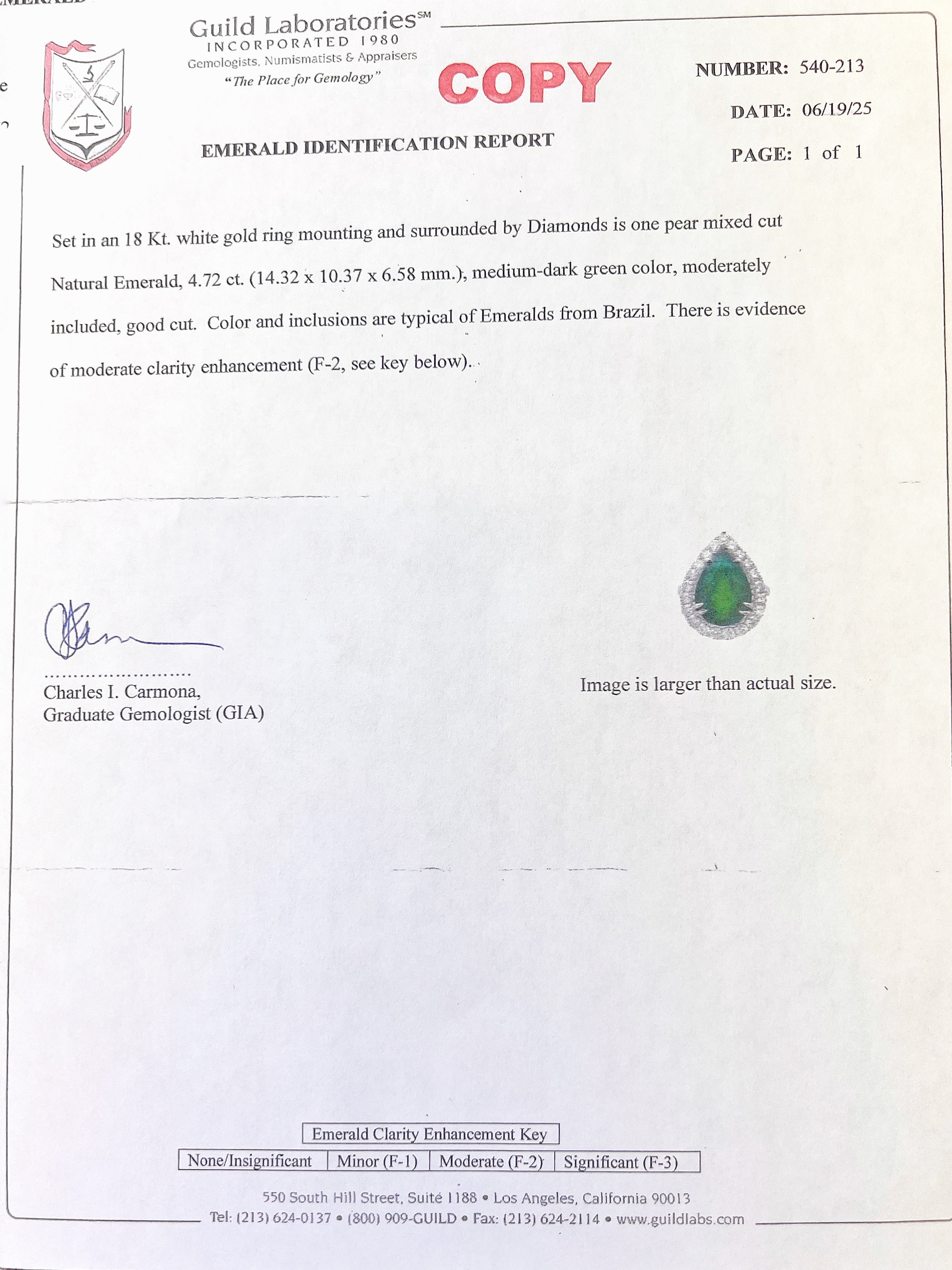 4.72 Carats Brazilian Emerald F2 (Certified) & 1.39 Carats Diamonds VS2 Set In 18K White Gold Ring