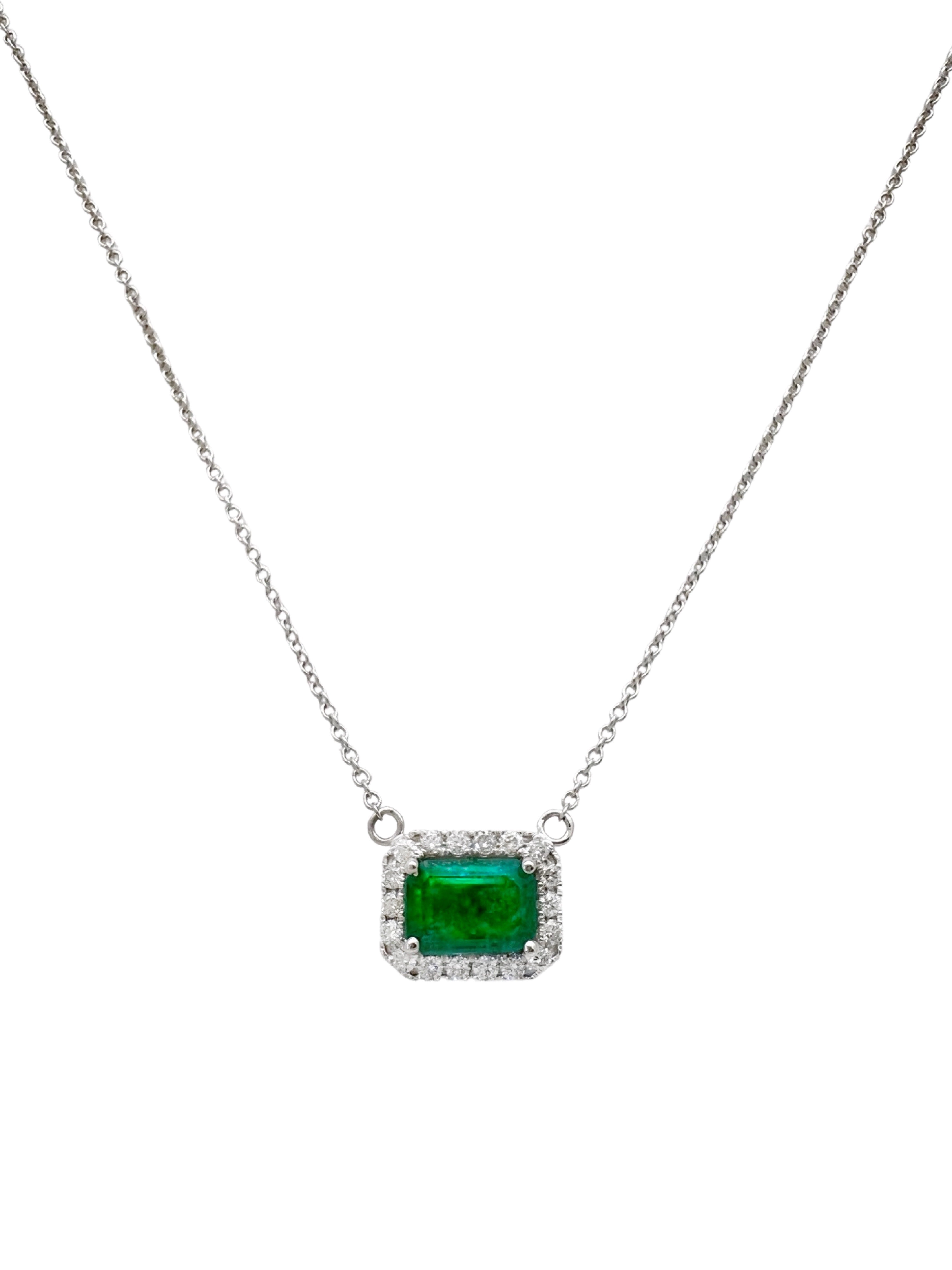 0.82 Cts Emerald F2 Brazilian Cert. & 0.31 Cts Diamond Necklace 14K White Gold