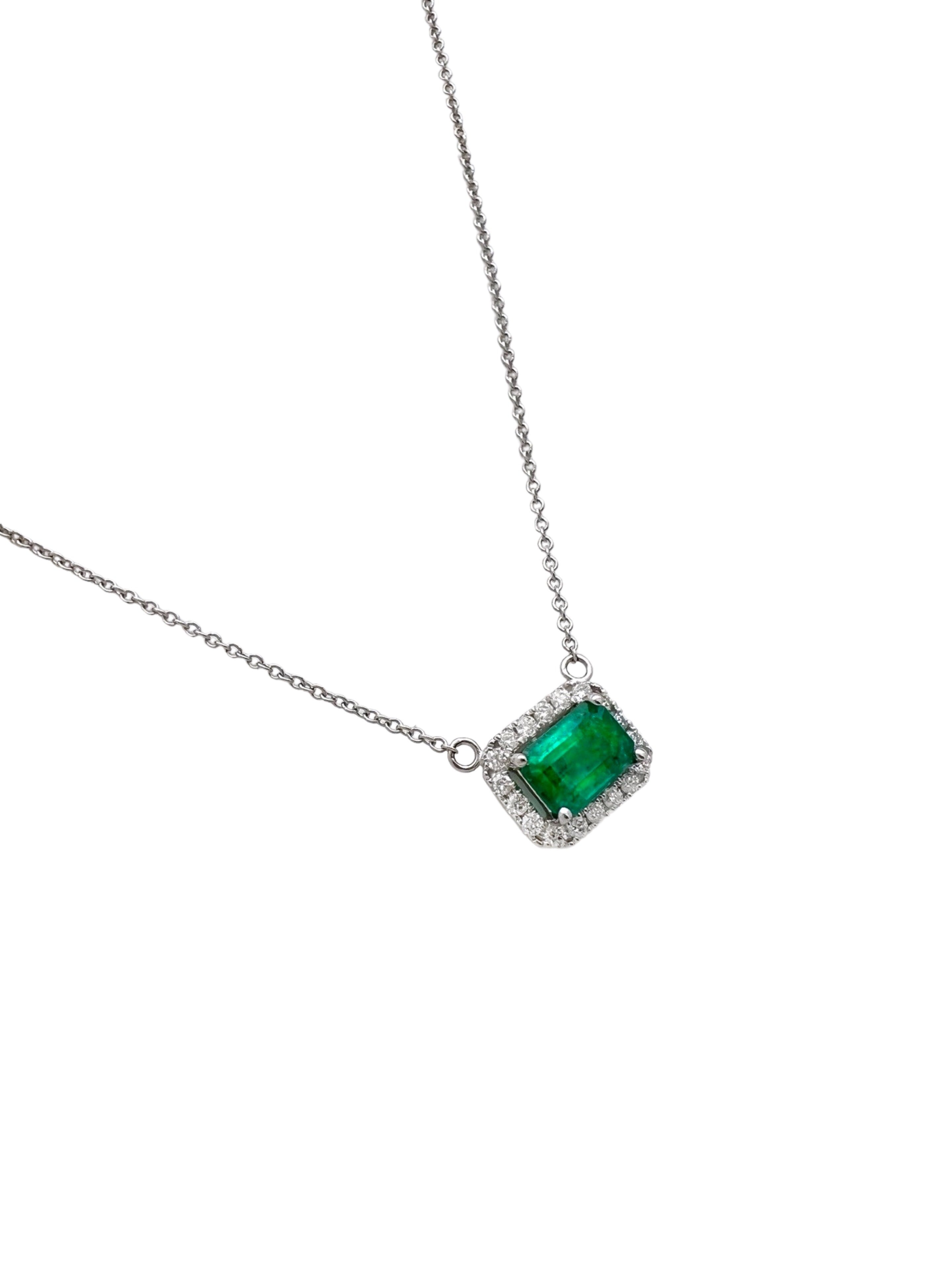 0.82 Cts Emerald F2 Brazilian Cert. & 0.31 Cts Diamond Necklace 14K White Gold