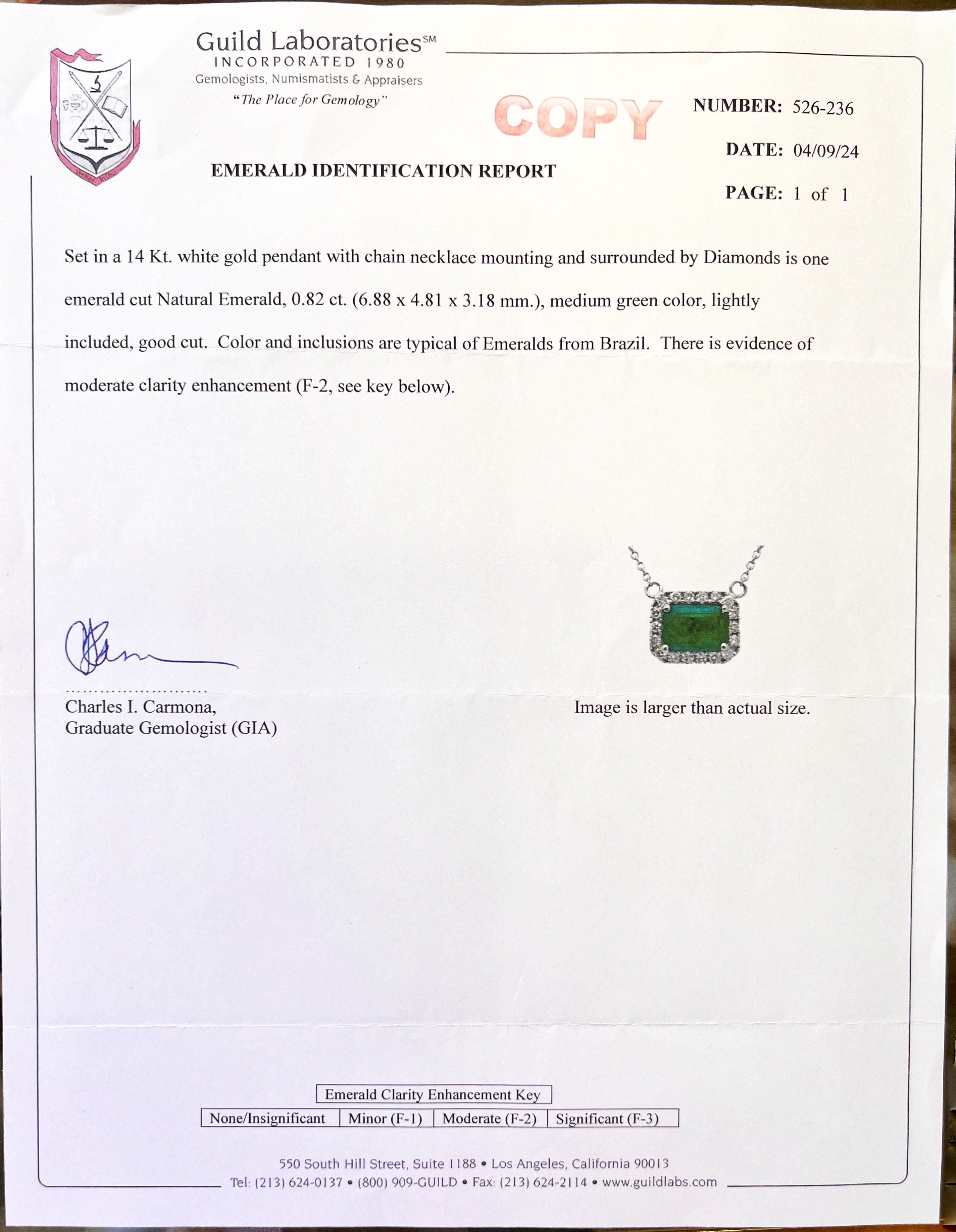 0.82 Cts Emerald F2 Brazilian Cert. & 0.31 Cts Diamond Necklace 14K White Gold