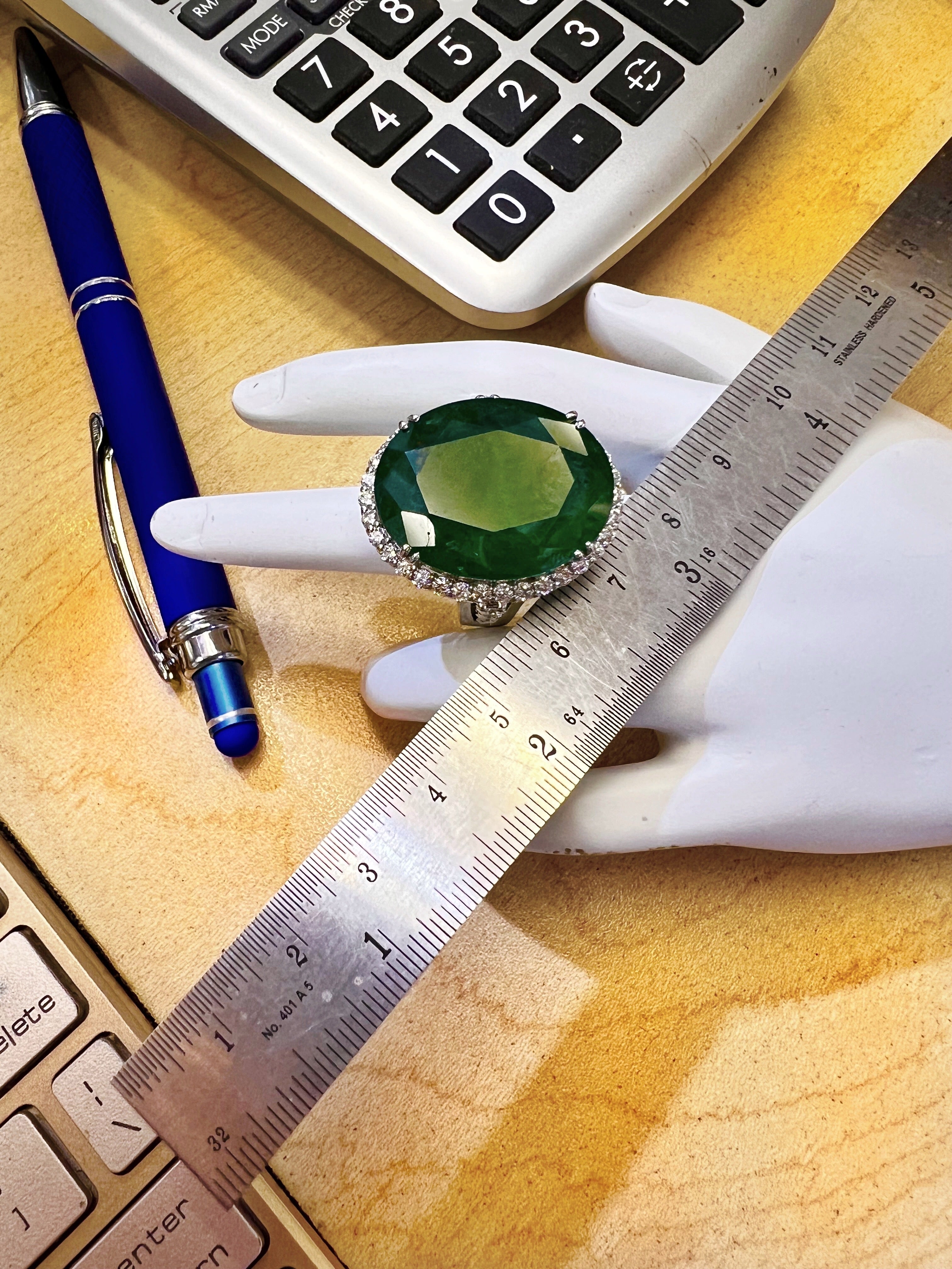 30.491 Ct Emerald F2(Brazilian) Certified & 1.29Cts Dia 18K White Gold Ring