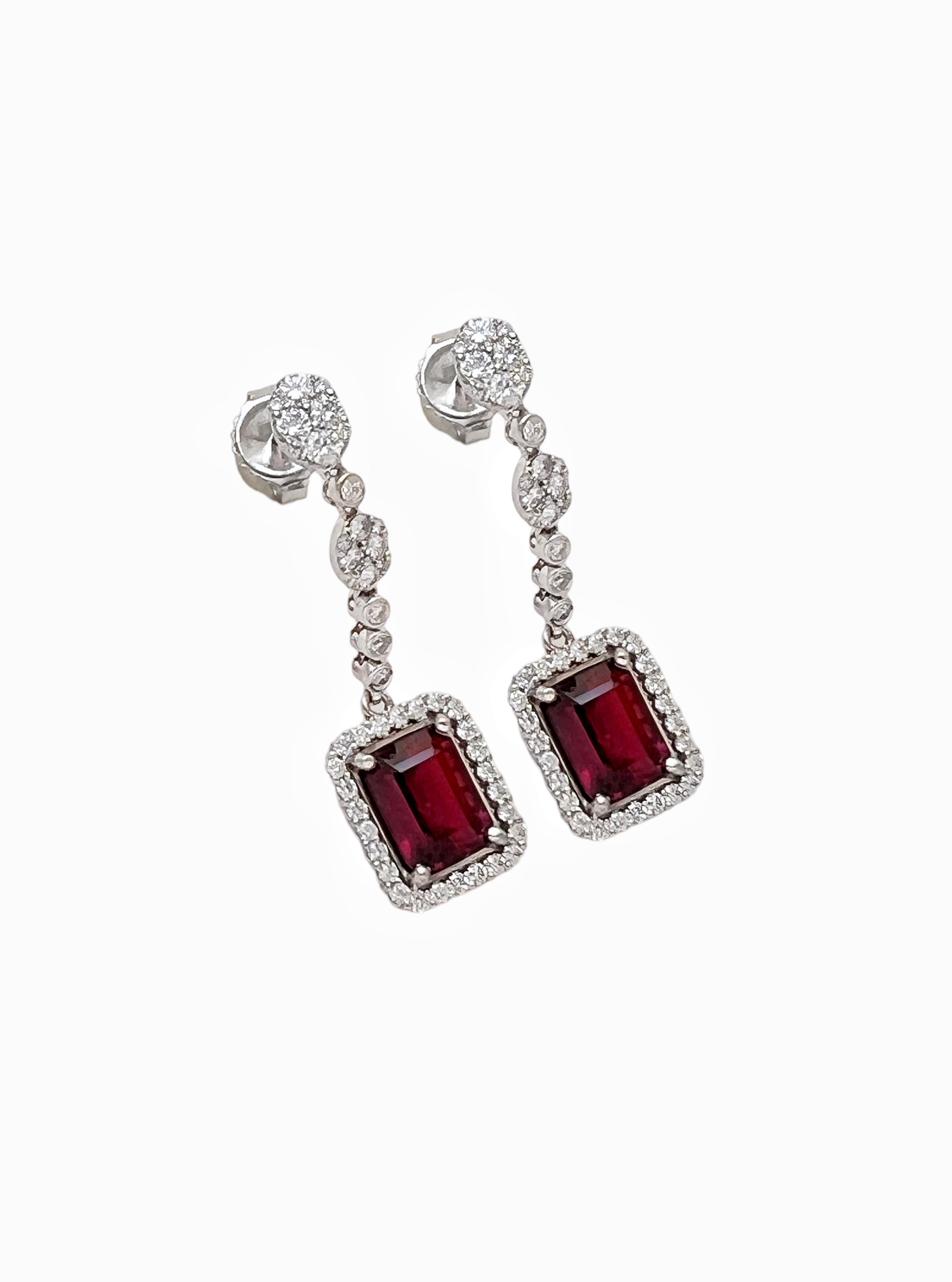 3.78Cts Rubellite Tourmaline Cert. & 1.51Cts Diamonds 18K White Gold Earrings