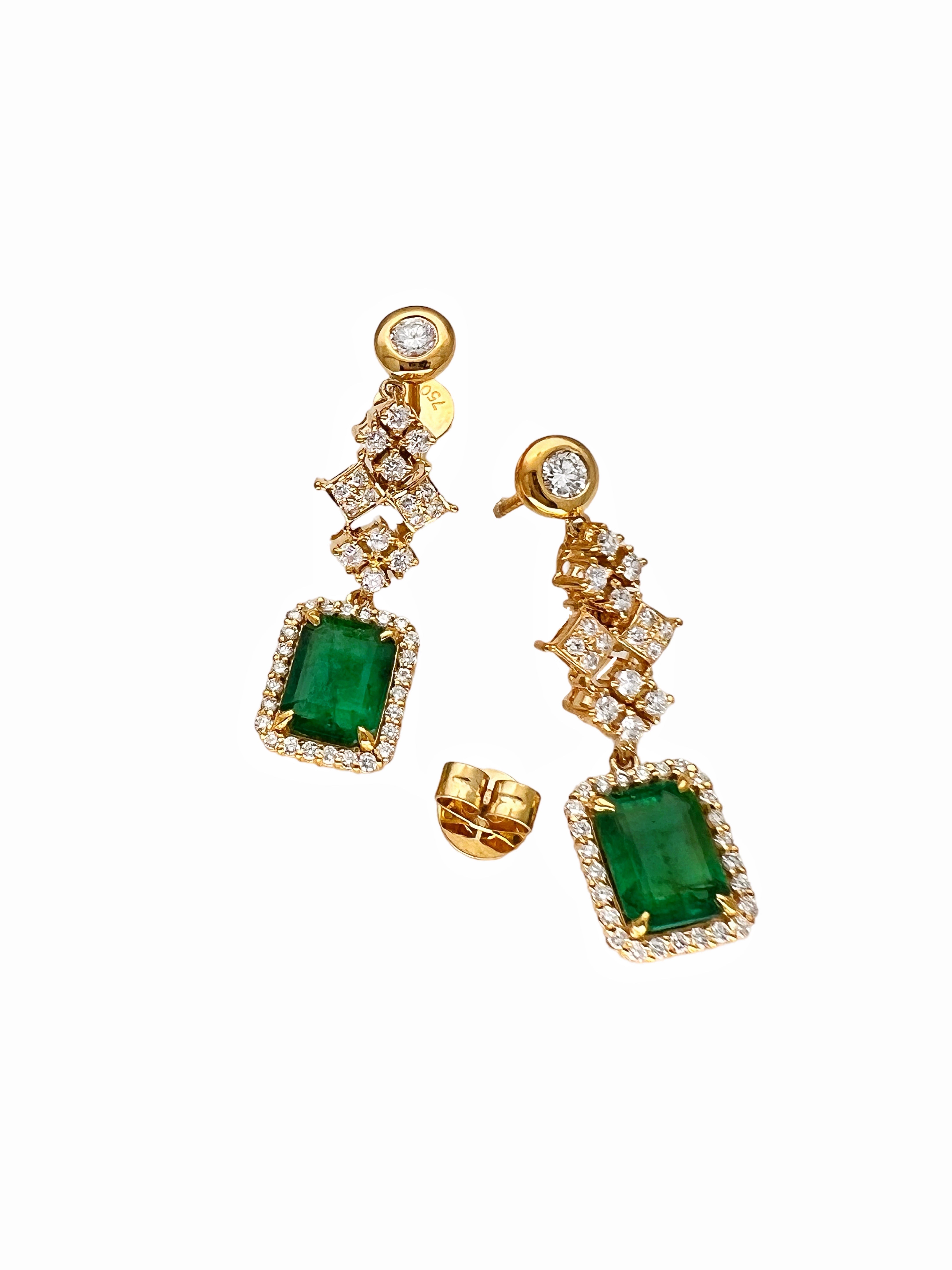 3.33 Ct Emerald F1-F2 (Columbian)Certified & 2.11 Ct Dia 18K Yellow Gold Earring