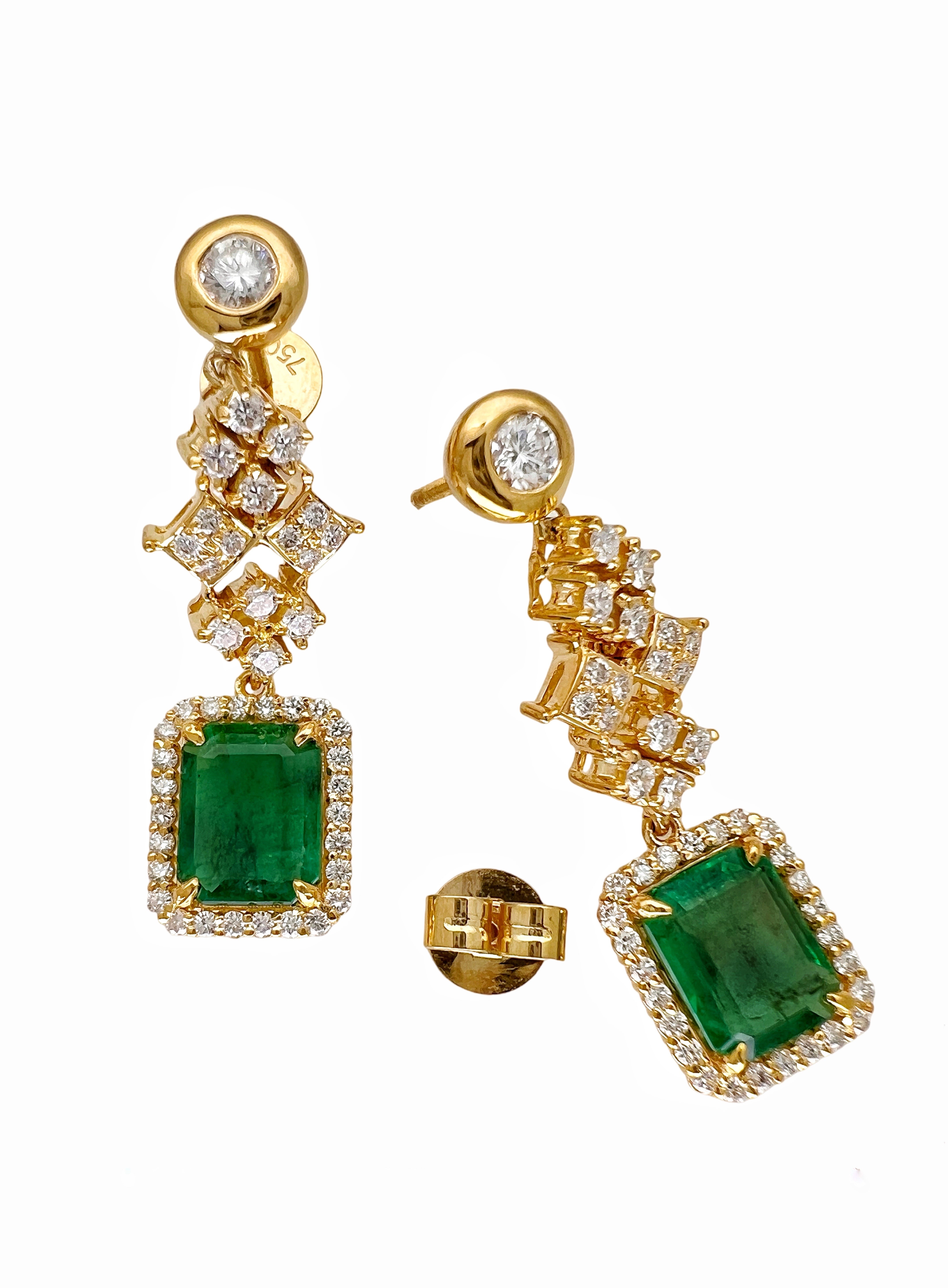 3.33 Ct Emerald F1-F2 (Columbian)Certified & 2.11 Ct Dia 18K Yellow Gold Earring