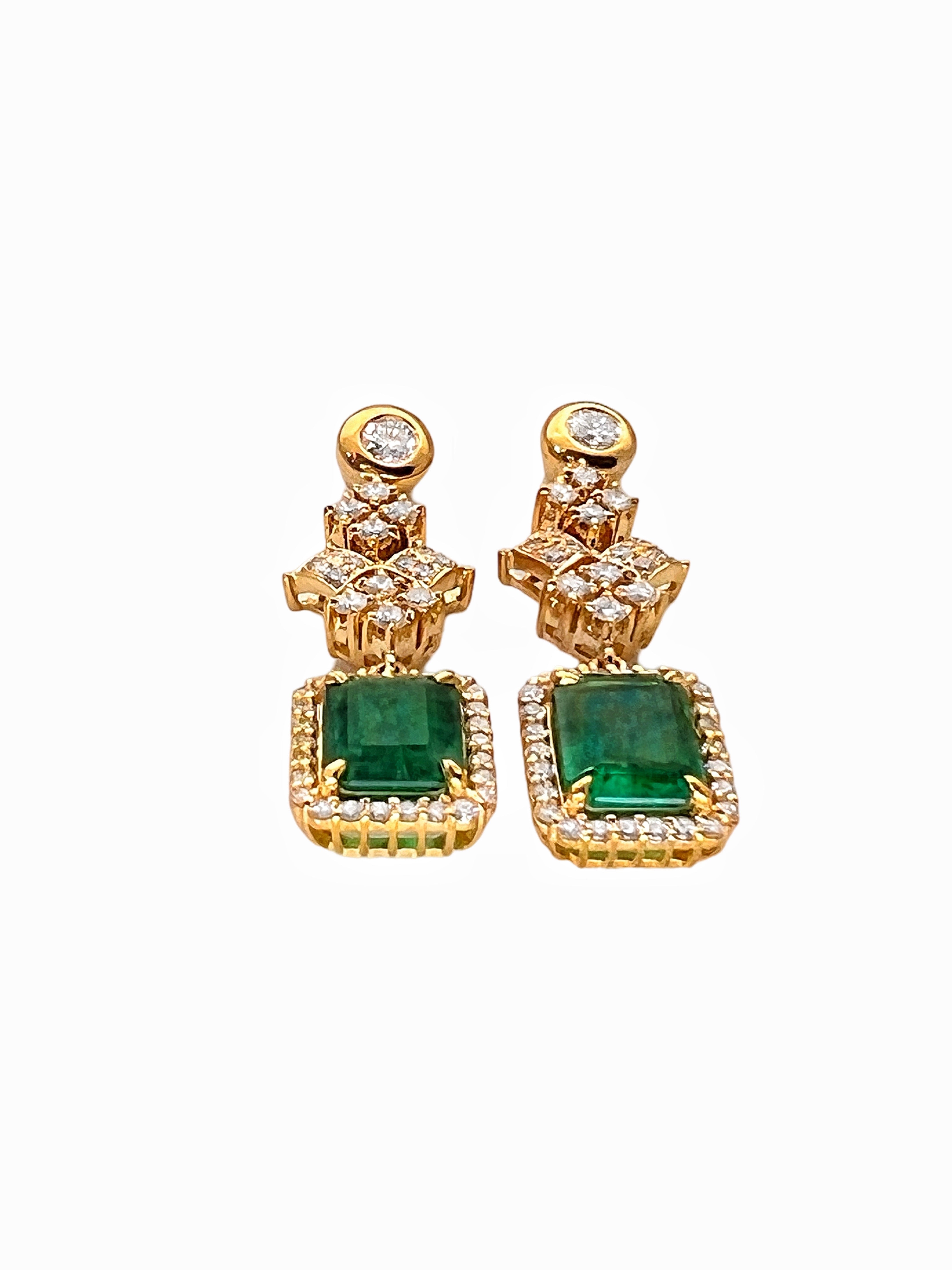 3.33 Ct Emerald F1-F2 (Columbian)Certified & 2.11 Ct Dia 18K Yellow Gold Earring