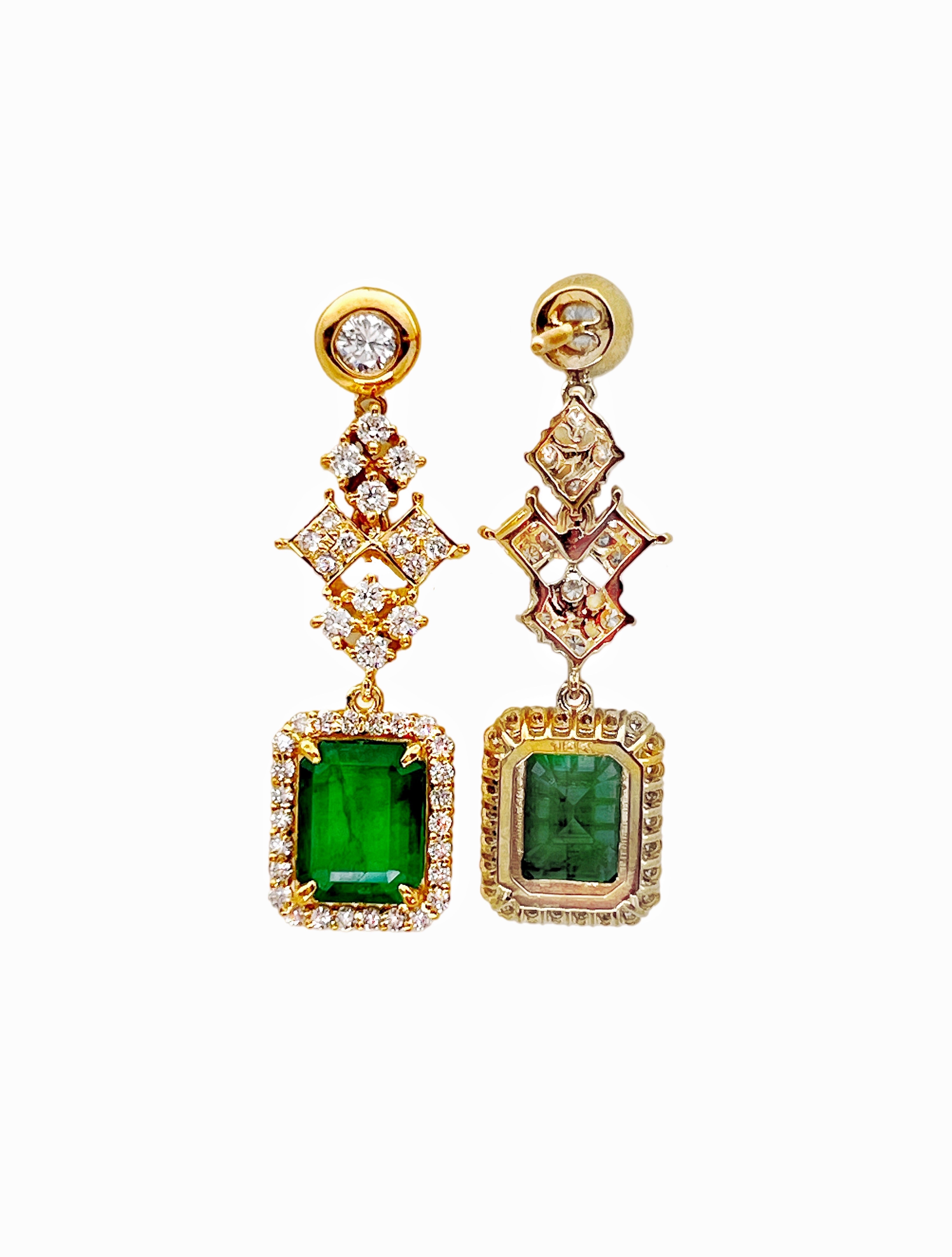 3.33 Ct Emerald F1-F2 (Columbian)Certified & 2.11 Ct Dia 18K Yellow Gold Earring