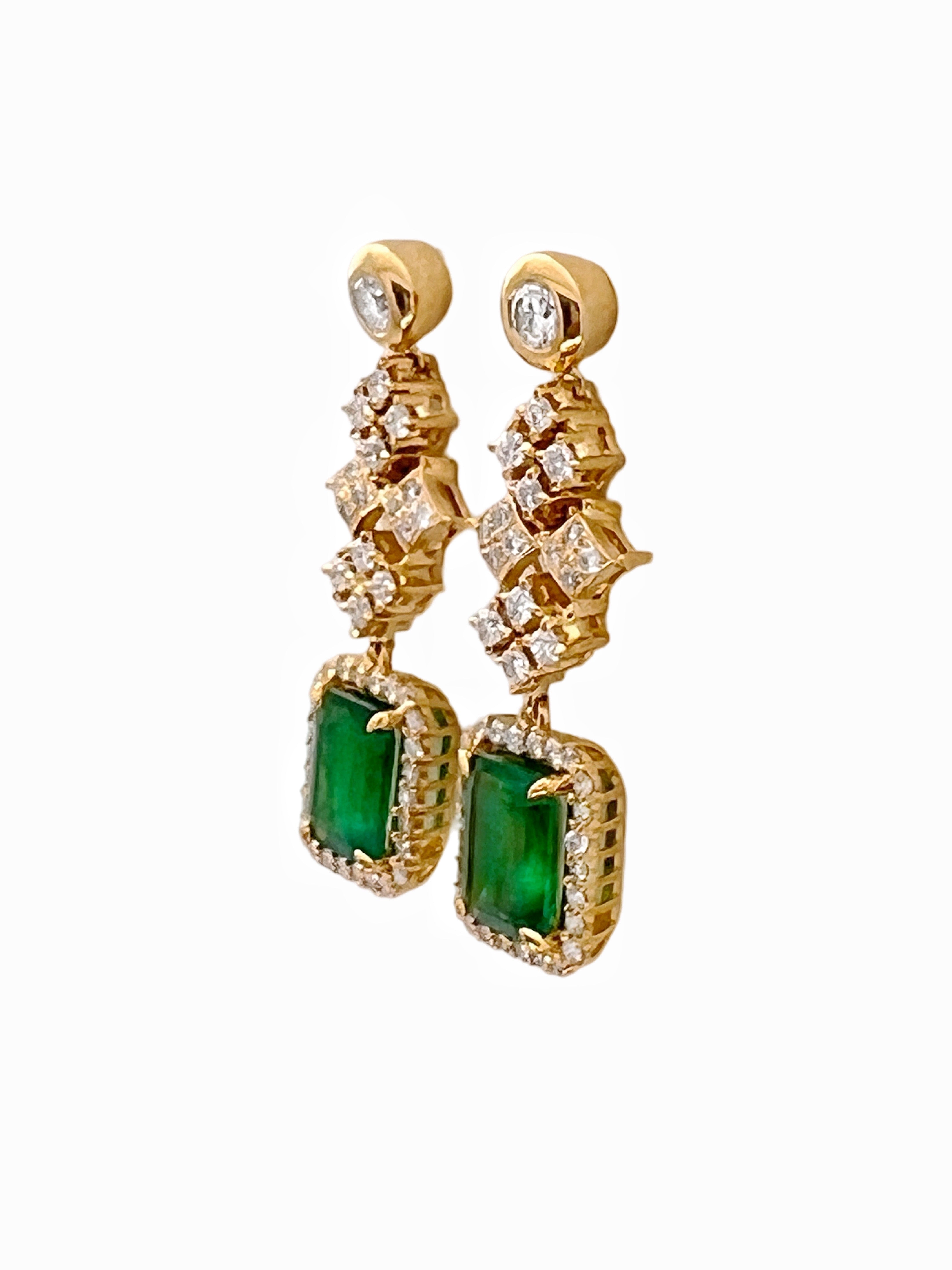 3.33 Ct Emerald F1-F2 (Columbian)Certified & 2.11 Ct Dia 18K Yellow Gold Earring
