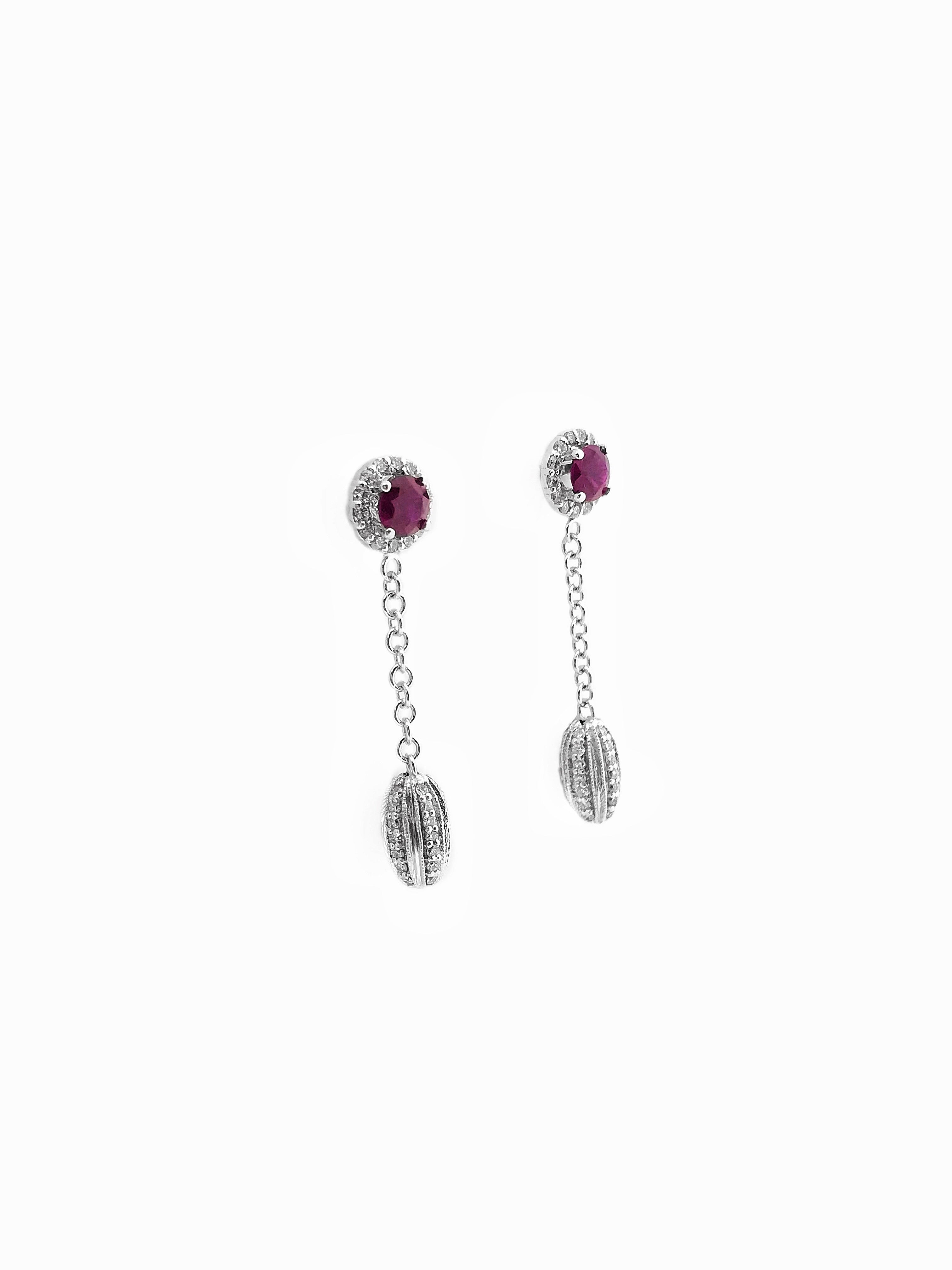 1.00 Carats Ruby 0.80 Carats Diamonds 14K White Gold Earrings