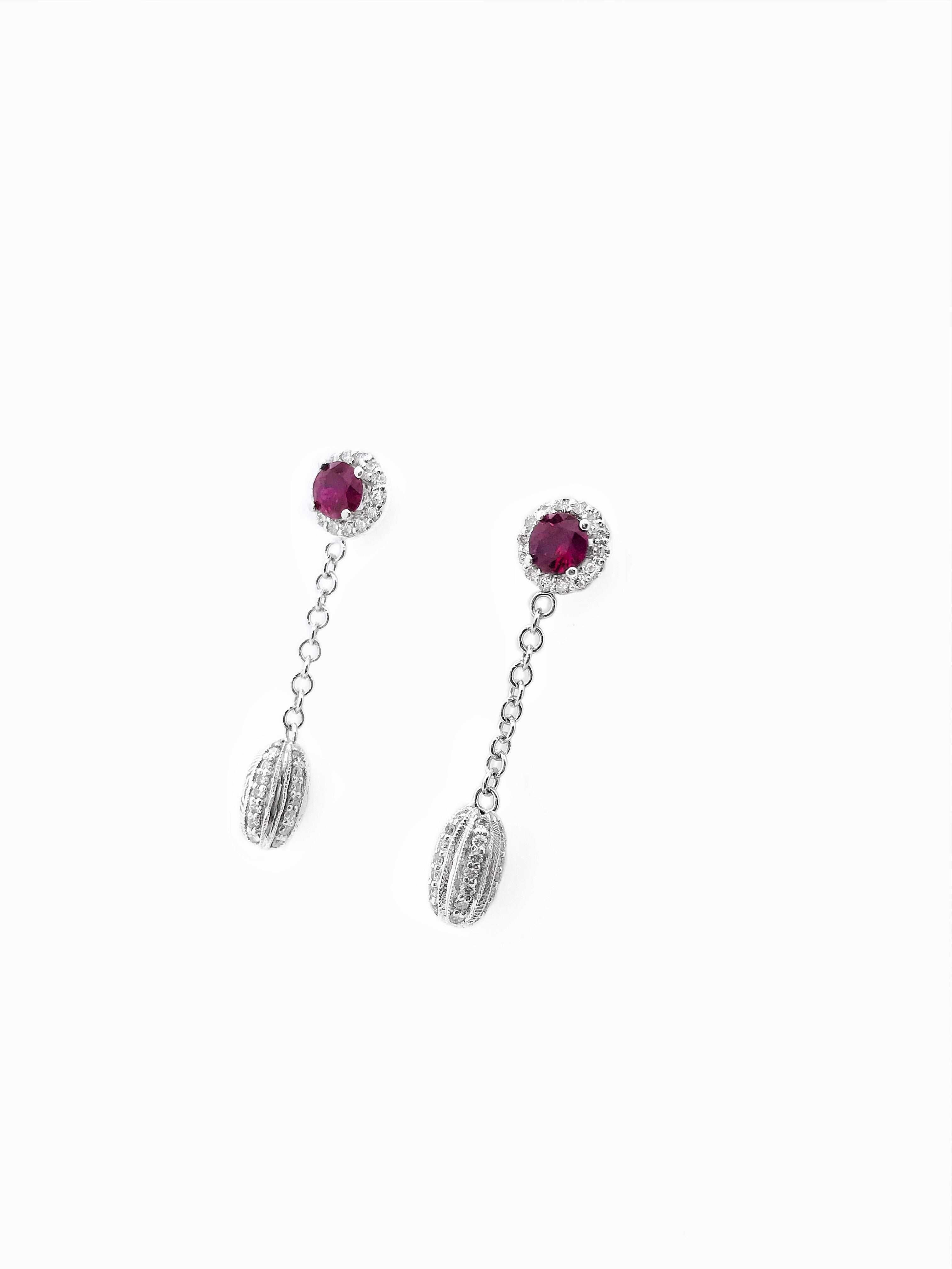 1.00 Carats Ruby 0.80 Carats Diamonds 14K White Gold Earrings