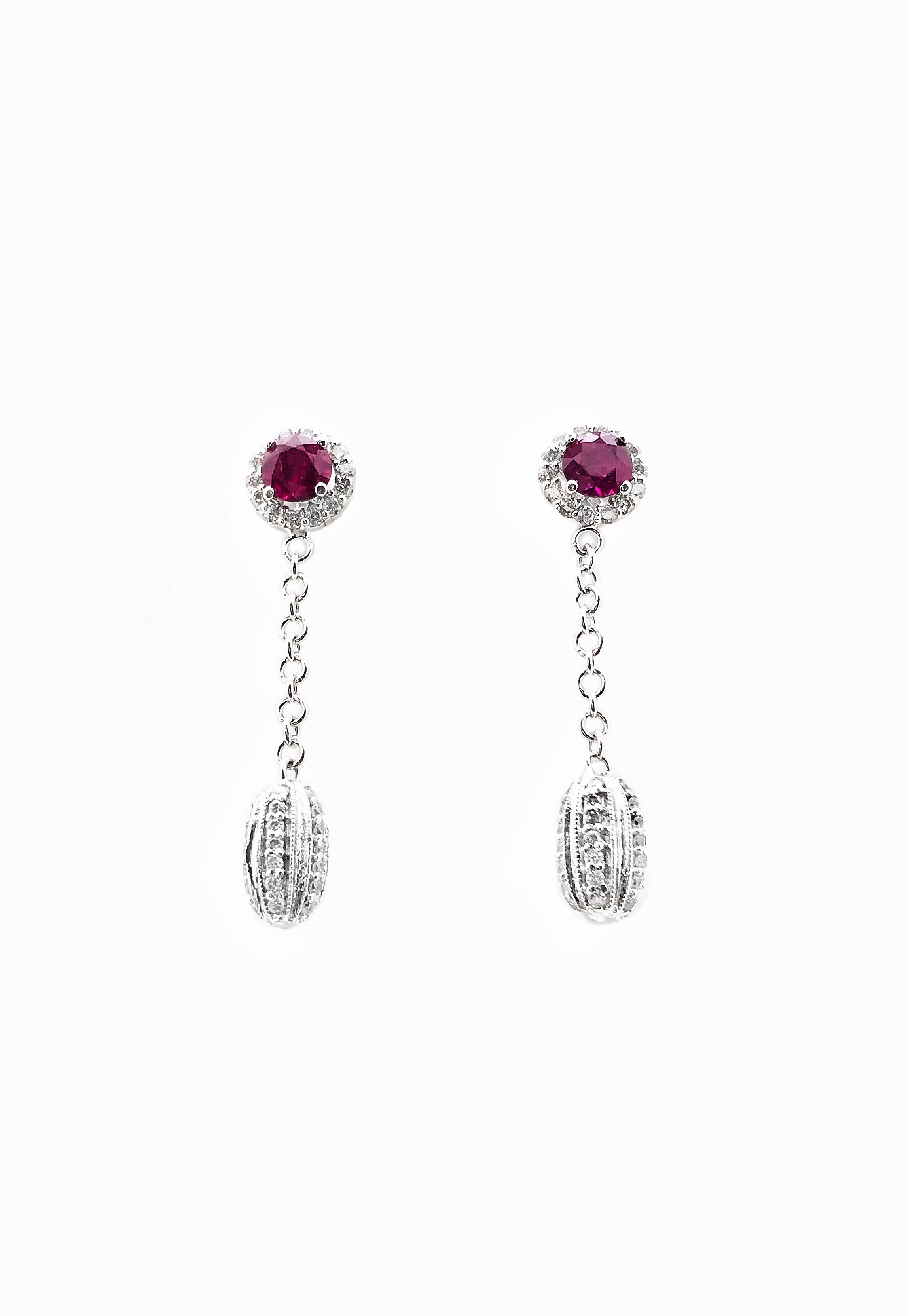 1.00 Carats Ruby 0.80 Carats Diamonds 14K White Gold Earrings
