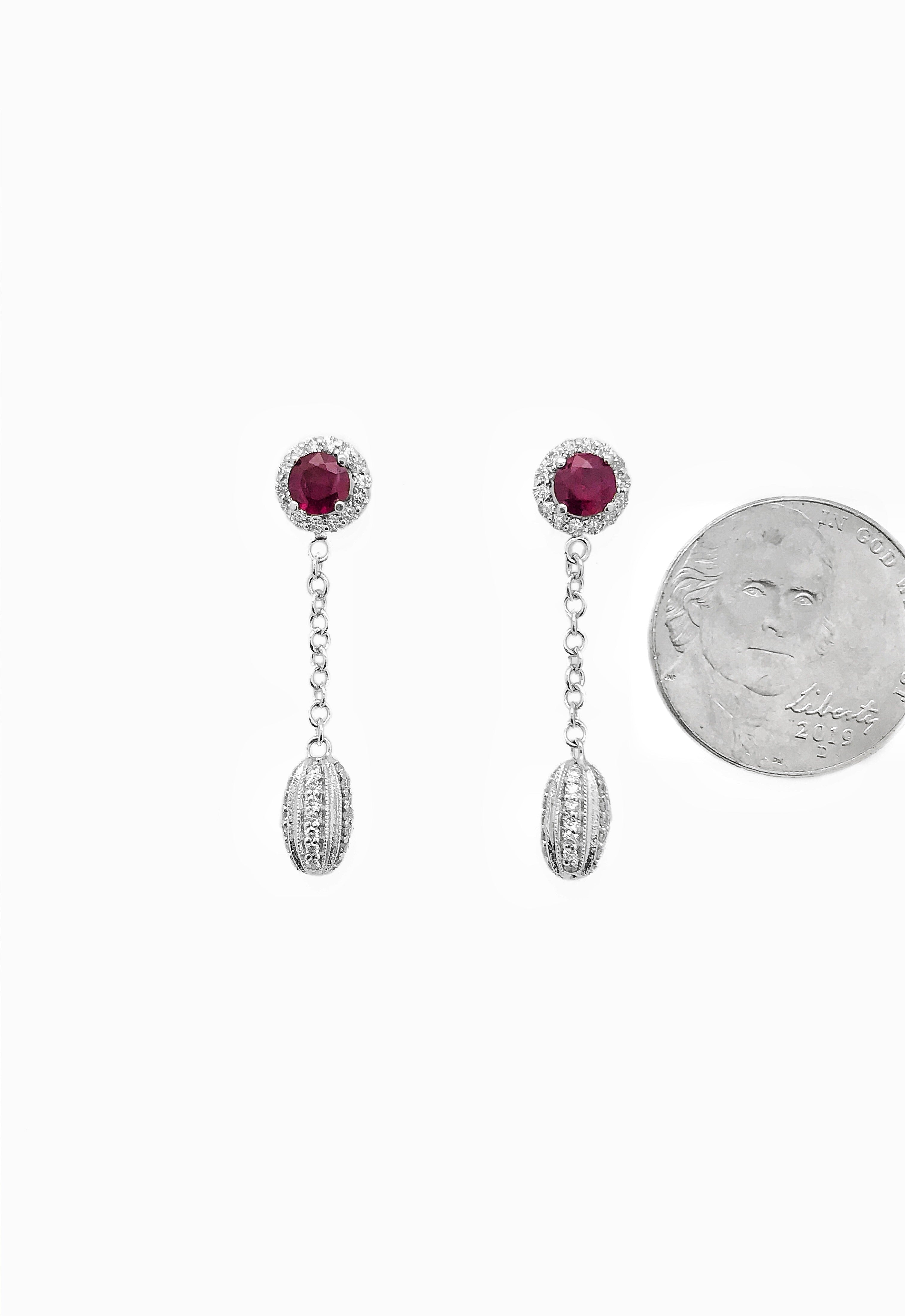 1.00 Carats Ruby 0.80 Carats Diamonds 14K White Gold Earrings